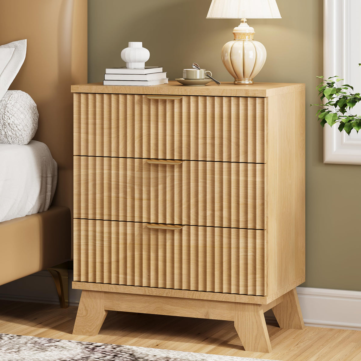 Fluted Nightstand, 24' Wide Side Table With 3 Large Storage Drawers, Mid Century Modern Wood Night Stand With Metal Handle, Woo