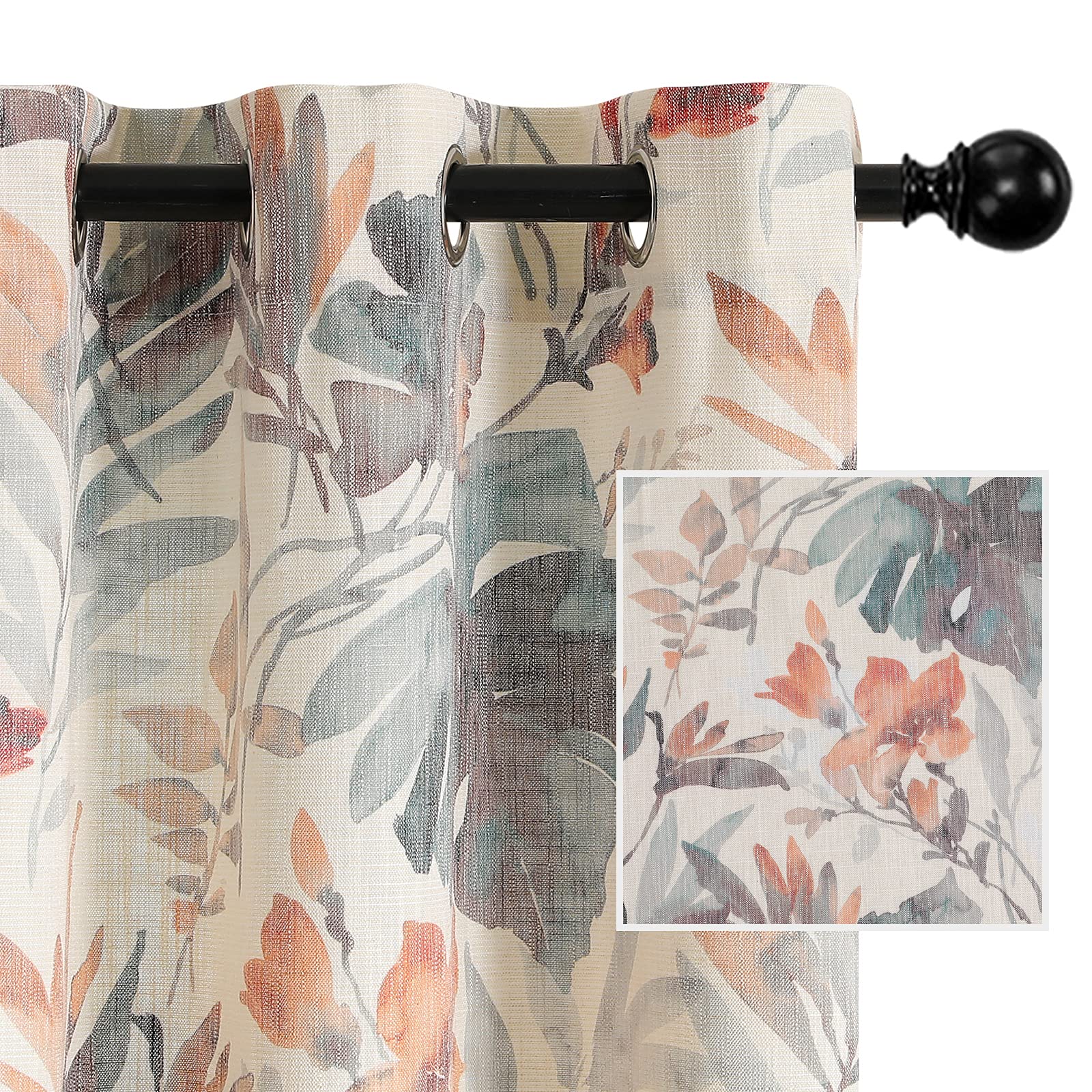 Mysky Home Floral Curtains 84 Inches Long Printed Grommet Cotton Curtains For Living Room Bedroom Light Filtering Linen Style Cu