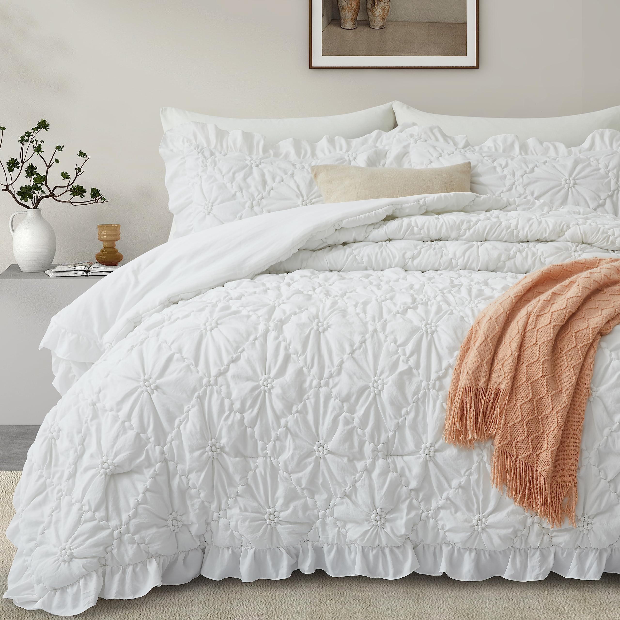 Bedazzled King Size Comforter Sets, White Bedding Comforter Set, 3 Pieces Pinch Pleat Bedding Sets With Comforter And Pillowcase