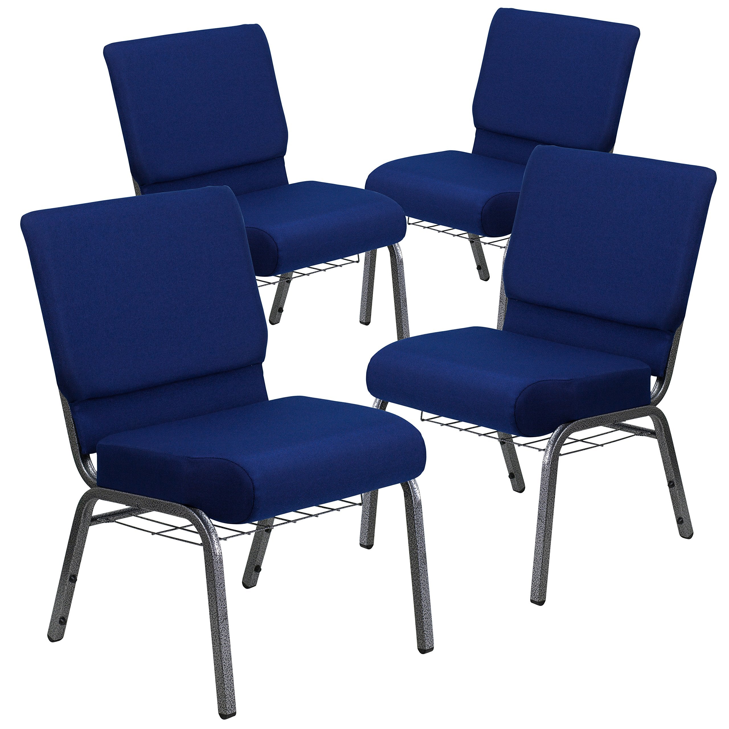 4 Pk. 21 Navy Blue Fabric Church Chair, Cup Book Rack - Silver Vein Frame