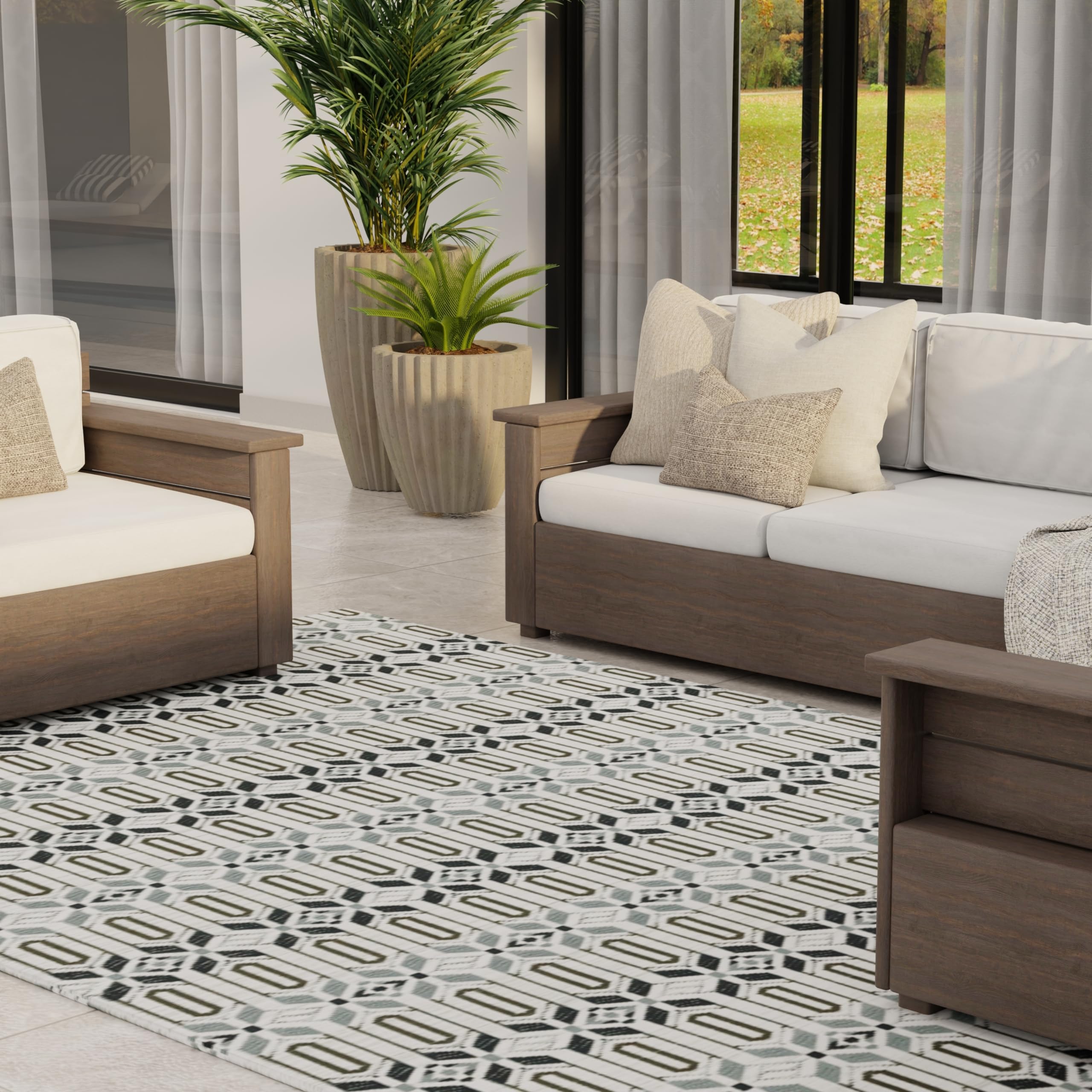 Mad Mats Geometric 5X8 Grey & White Outdoor Rug, Reversible Plastic Mat For Patio, Porch, Poolside, Mudroom, Camping, Rv, Deck