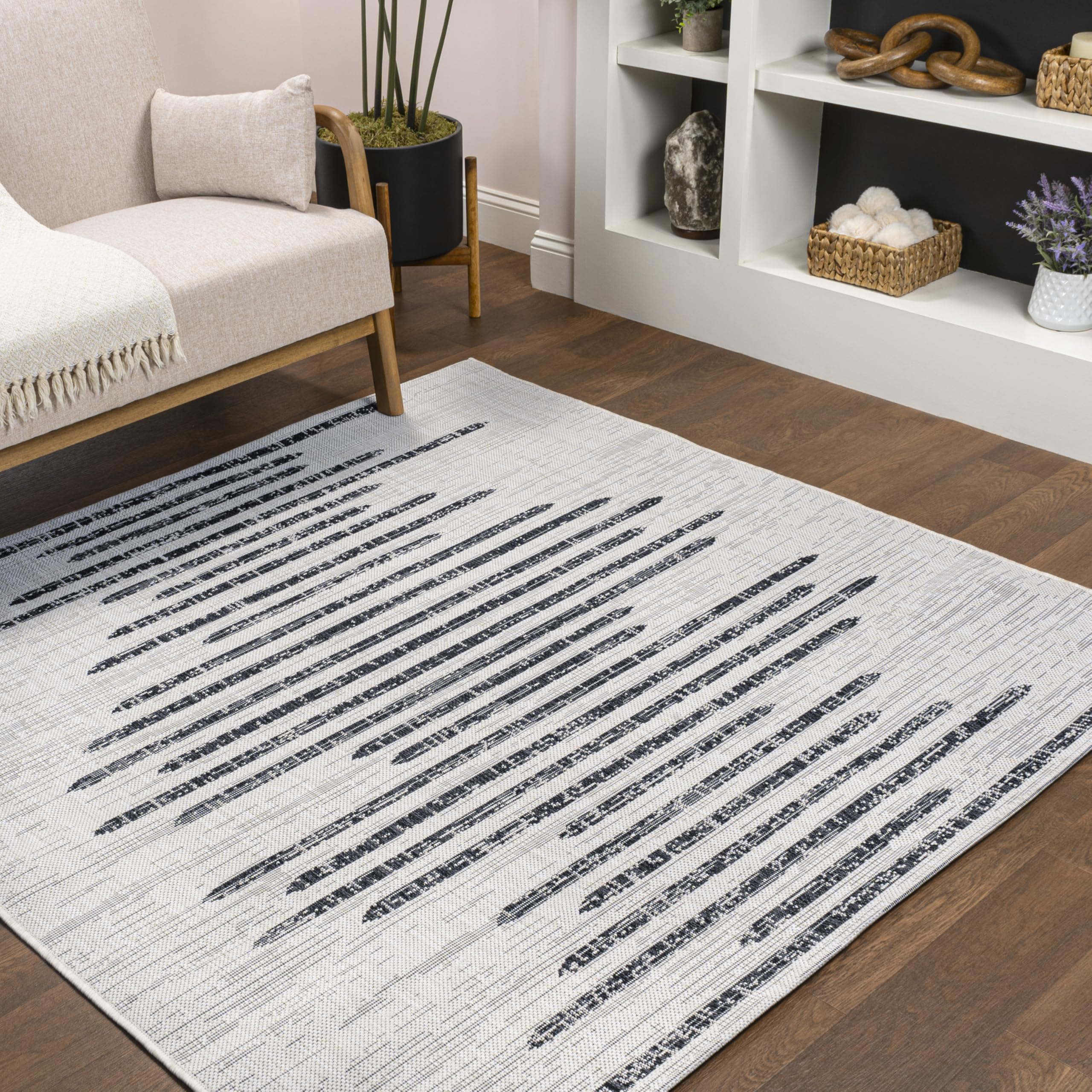 Jonathan Y Smb124D-4Sq Zolak Berber Stripe Geometric Ivory/Black 4' Square Indoor/Outdoor Area Rug, Pet Friendly, Non Shedding,