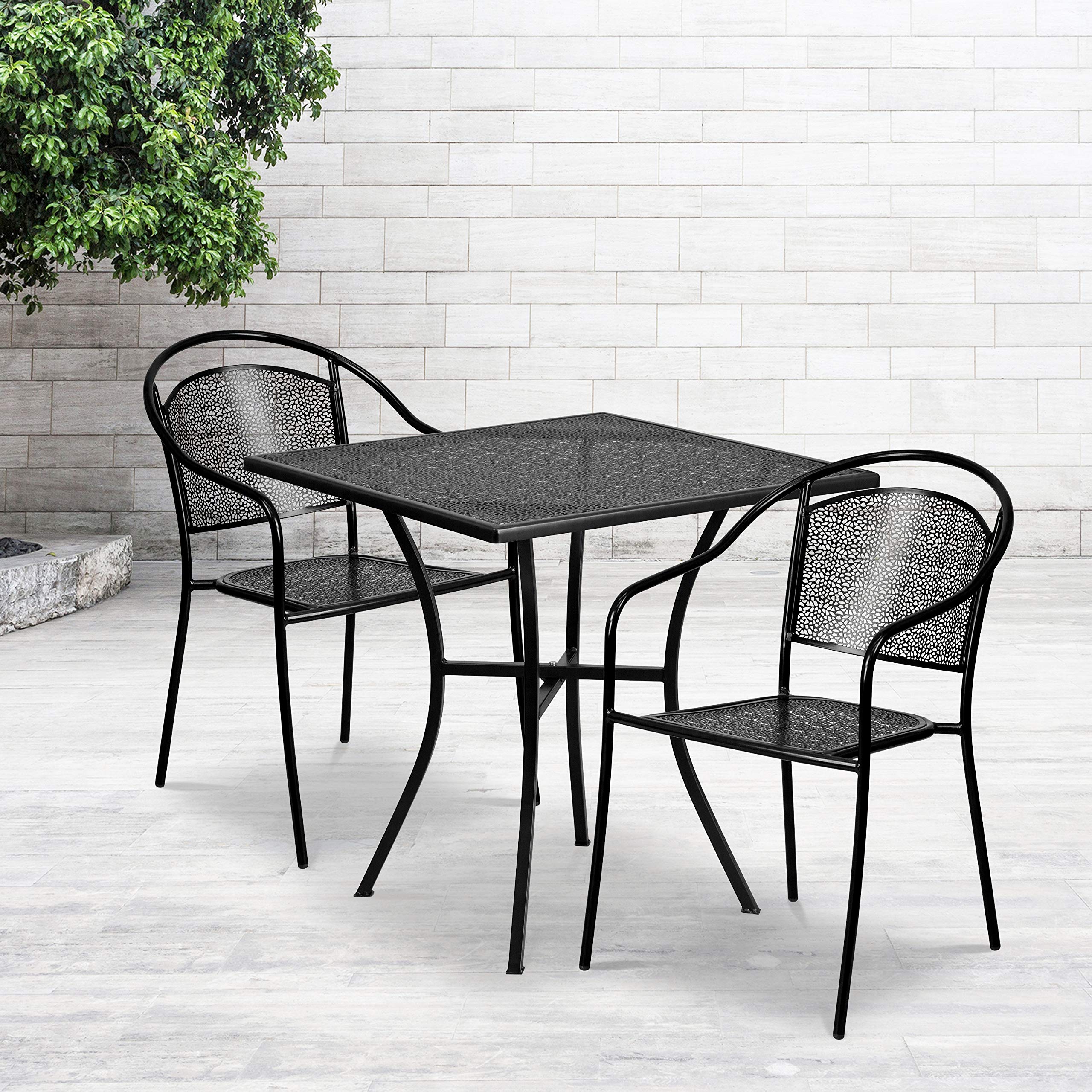 Flash Furniture Oia Commercial Grade 28 Square Black Indoor-Outdoor Steel Patio Table Set with 2 Round Back Chairs