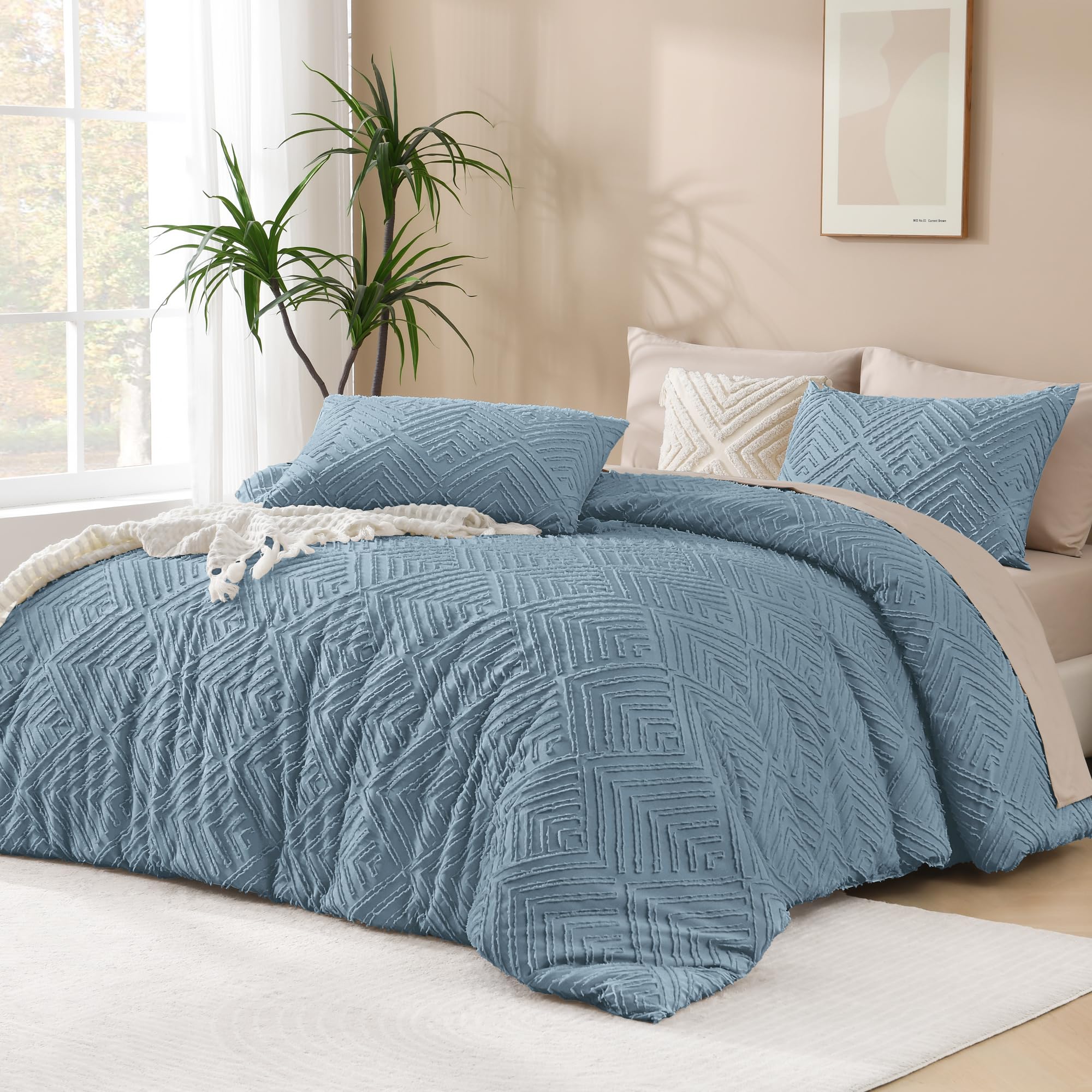 Andency Blue Comforter Set Full Size, 3 Pieces Boho Lightweight Fluffy Bedding Comforter Set For Full Bed, Tufted Farmhouse Desi