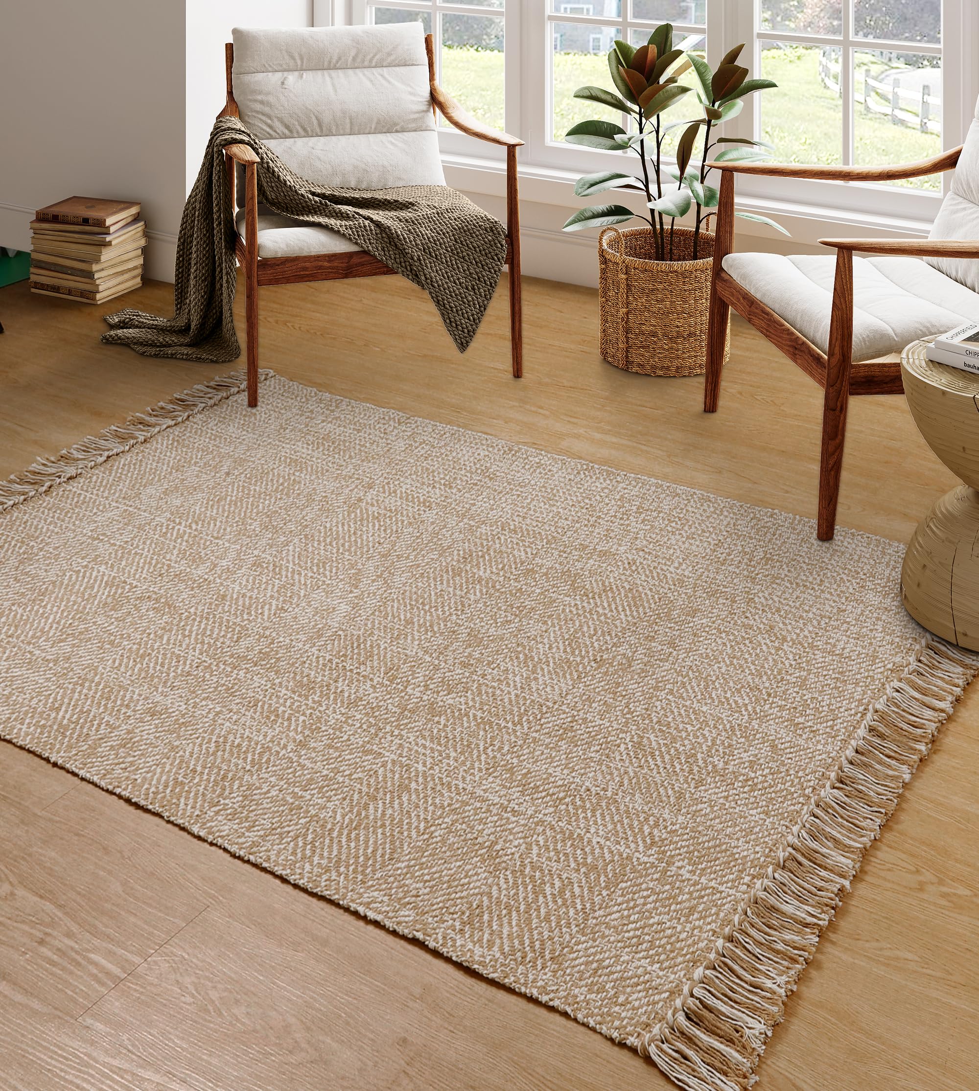Collive Comfy Area Rug 4 x 6, Tan/Cream Woven Cotton Bedroom Rugs, Modern Indoor Accent Rug Floor Carpet with Tassel for Livin