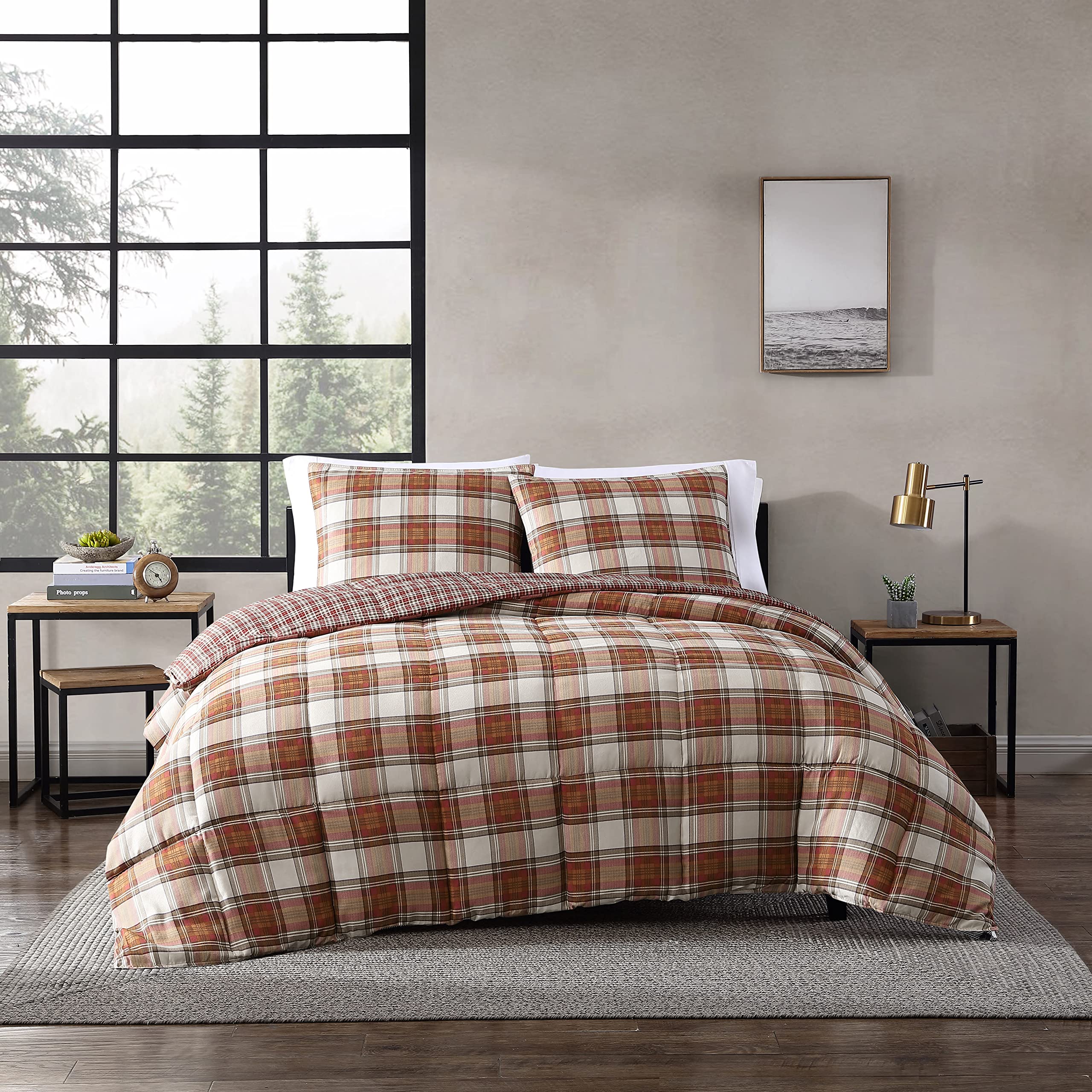 Eddie Bauer Edgewood Plaid Down Alternative Reversible Comforter Set, Full/Queen, Red