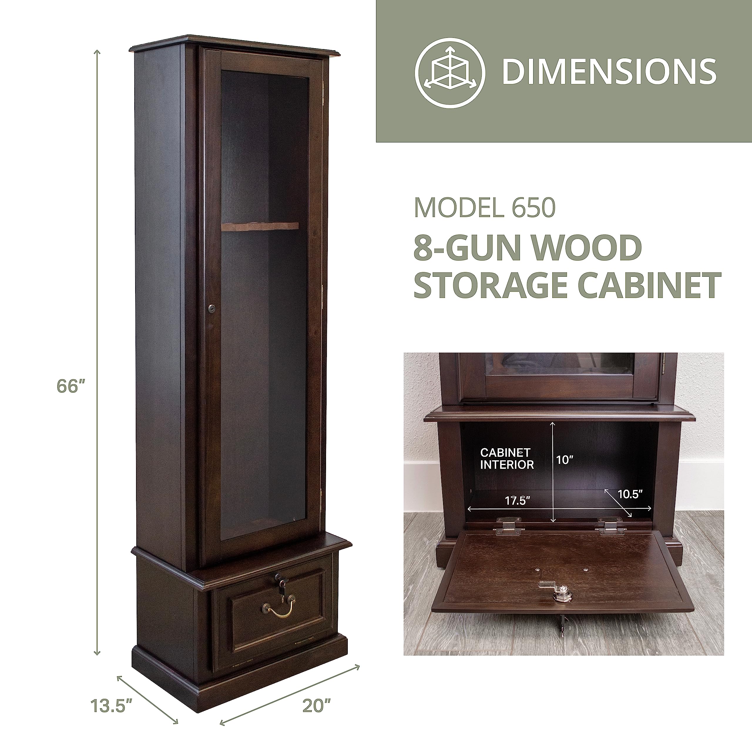 American Furniture Classics Wood Gun Display Cabinet, 8 Gun, Tempered Glass Door, Espresso Brown, Model 650