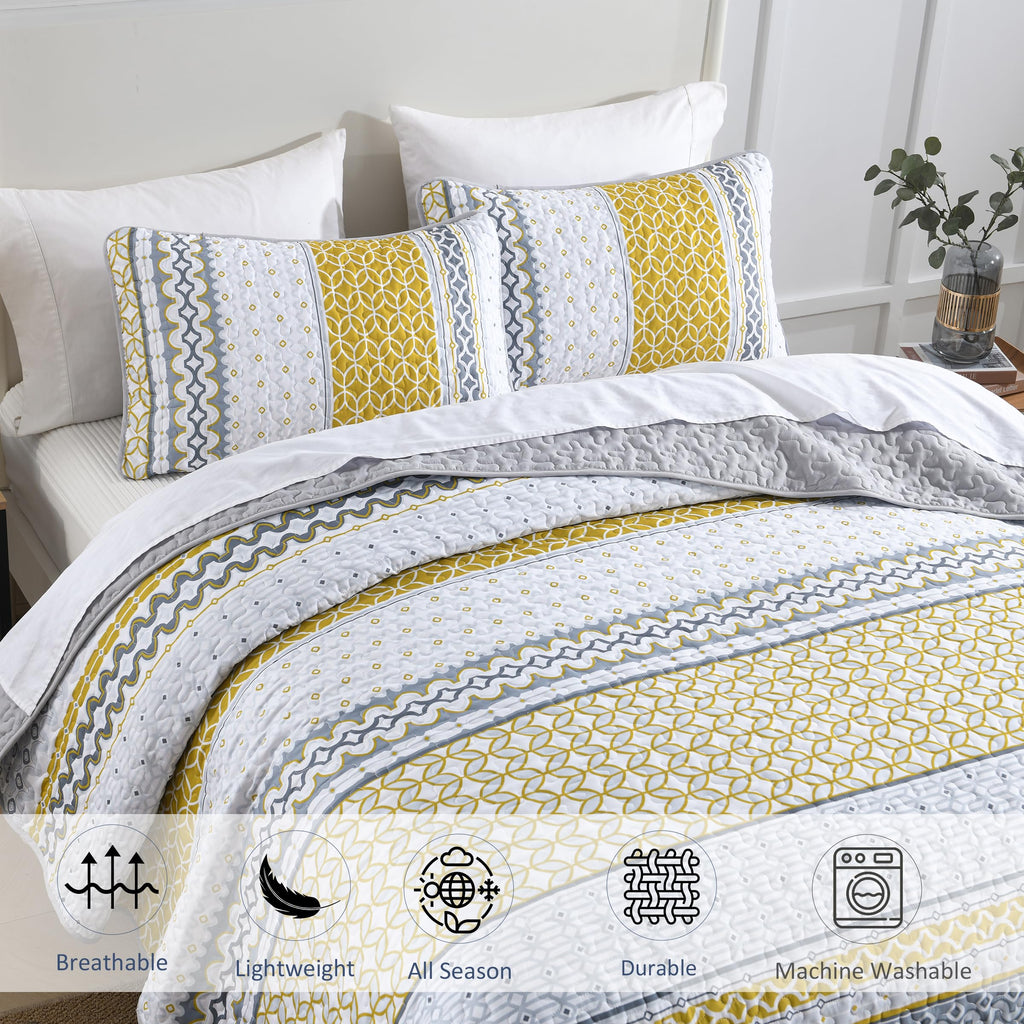Djy Yellow Quilt Set Queen Size, Boho Yellow Grey Striped Bedspread Coverlet Set Soft Microfiber Patchwork Quilt Bedding Set 3 P