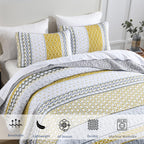 Djy Yellow Quilt Set Queen Size, Boho Yellow Grey Striped Bedspread Coverlet Set Soft Microfiber Patchwork Quilt Bedding Set 3 P
