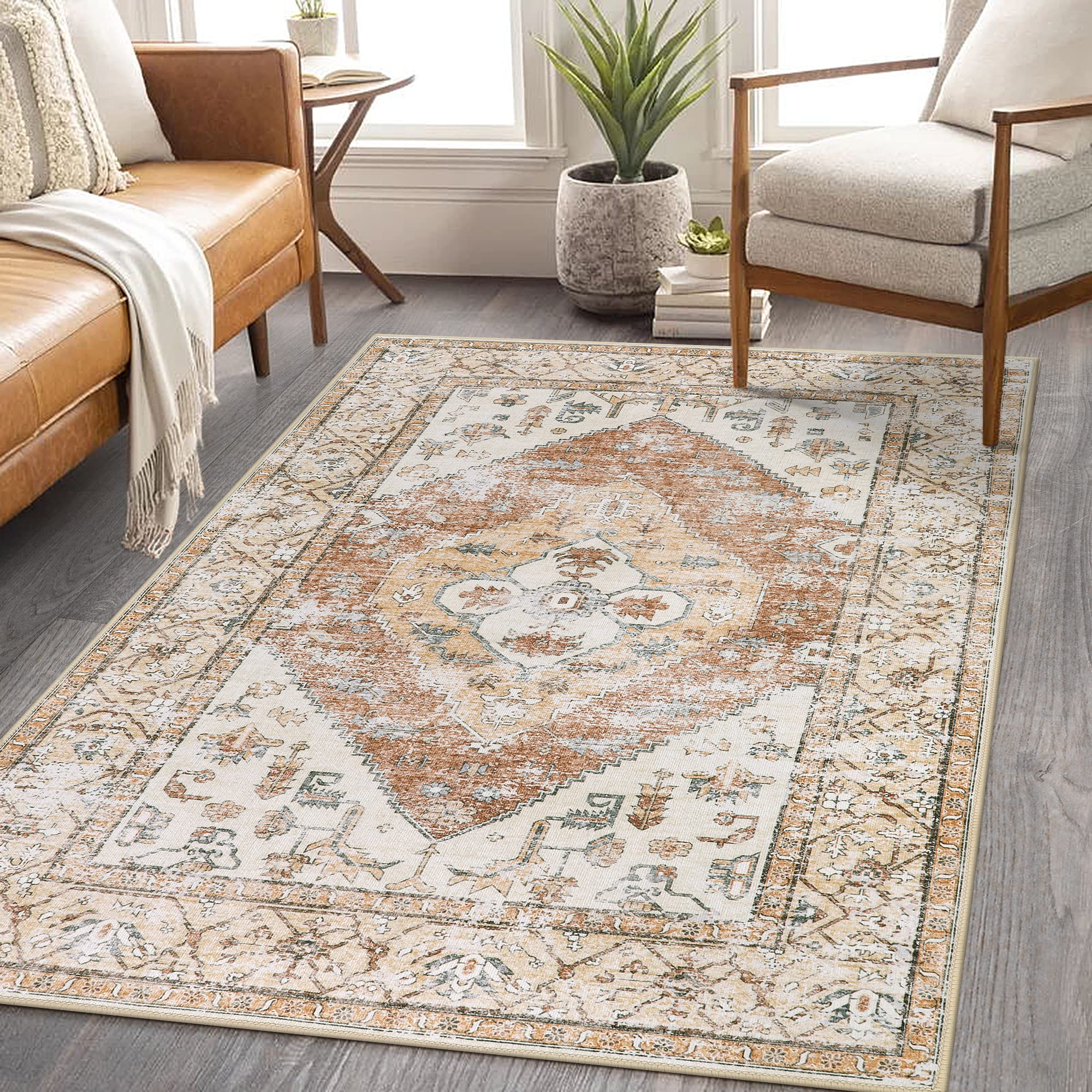 Lahome Boho Washable Living Room Area Rug 3x5 Throw Non-Slip Rugs for Bedroom Aesthetic Lightweight Thin Entry Rug Kitchen Rugs 