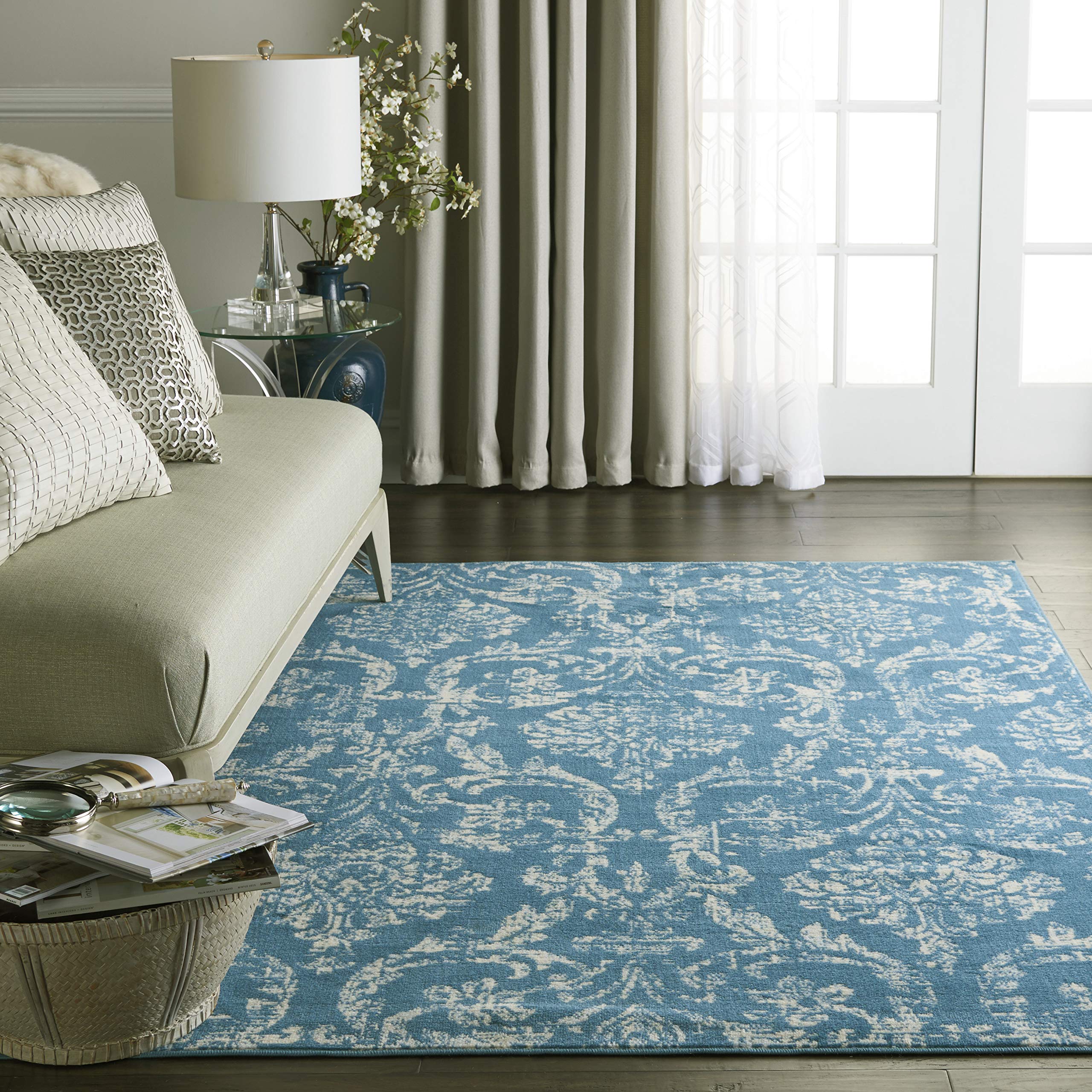 Nourison Jubilant Damask Blue 53 x 73 Area-Rug, Easy-Cleaning, Non Shedding, Bed Room, Living Room, Dining Room, Kitchen (