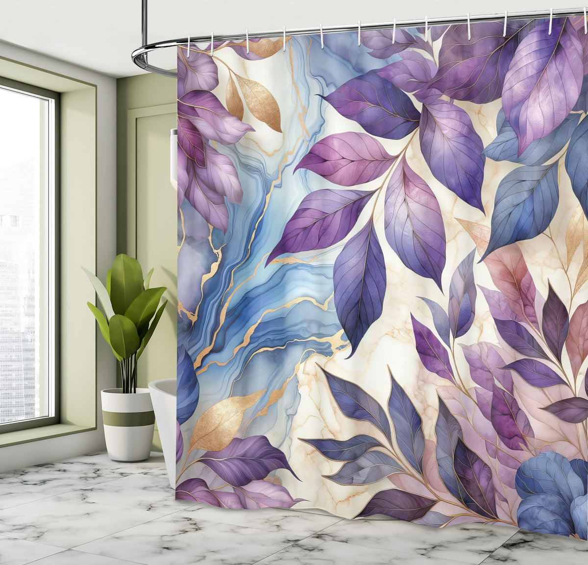 Ambesonne Purple Shower Curtain, Leaves Dancing In The Wind Art On A Marble Print Background In Warm Tones, Cloth Fabric Bathroo