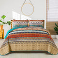 Wongs Bedding Boho Quilt Set California King, Green And Brown Bohemian Striped Pattern Printed Quilt Coverlet, Lightweight Micro