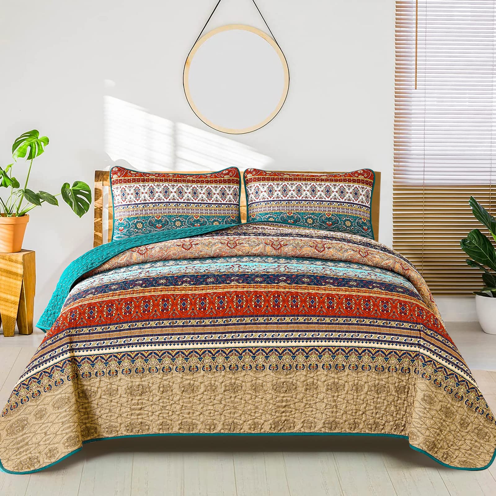 Wongs Bedding Boho Quilt Set California King, Green And Brown Bohemian Striped Pattern Printed Quilt Coverlet, Lightweight Micro