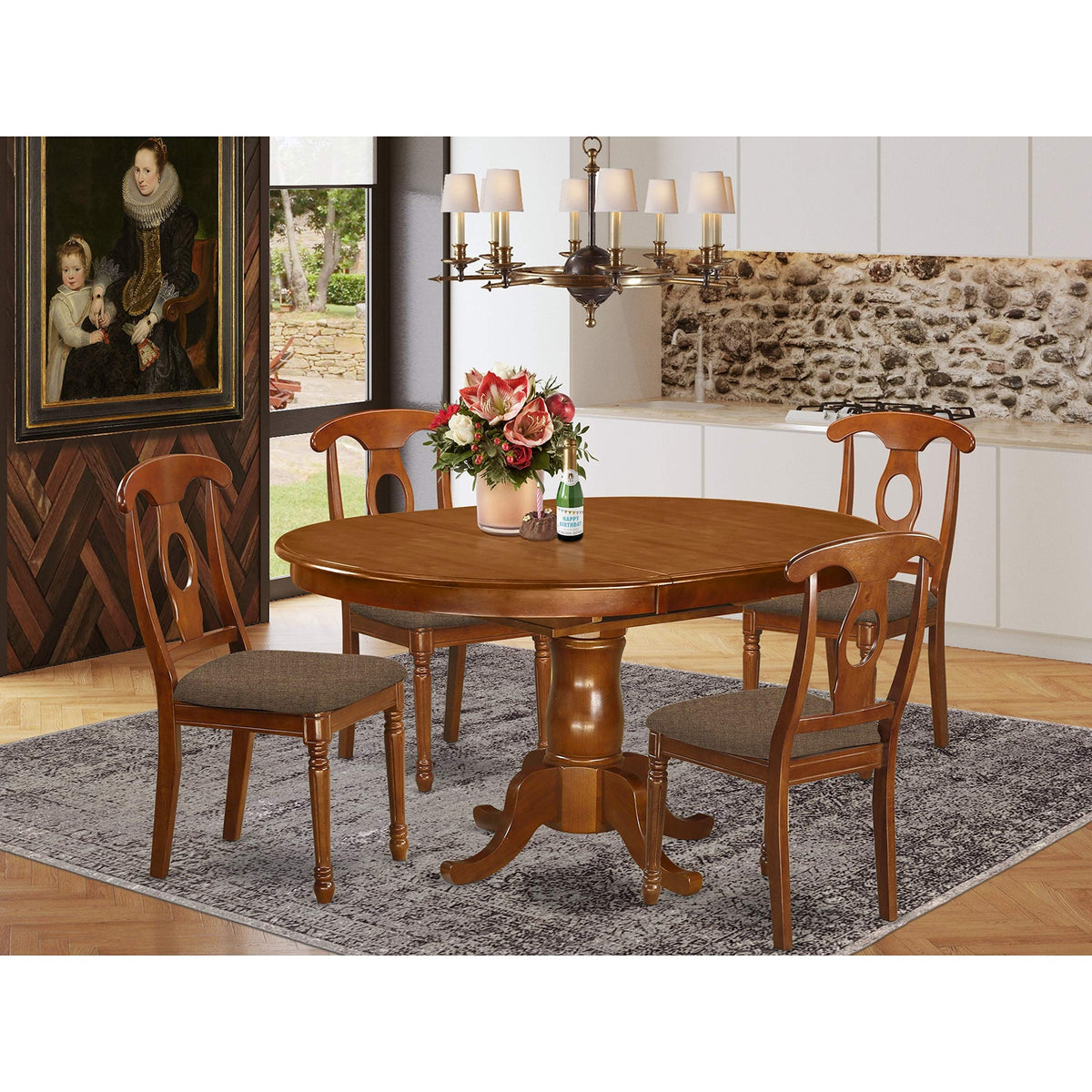 East West Furniture Portland 5 Piece Modern Set Includes an Oval Wooden Table with Butterfly Leaf and 4 Linen Fabric Dining Room Chairs, 42x60 Inch, Saddle Brown