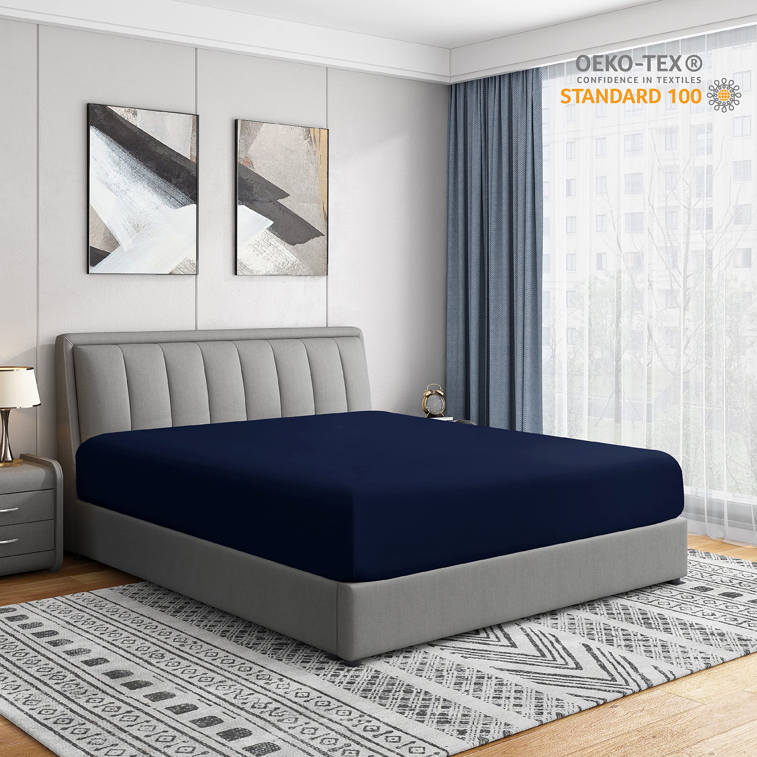 Cathay Home Queen Fitted Sheet - Double Brushed Ultra Soft - Wrinkle & Fade Resistant - 21' Extra Deep Pocket Fitted Sheet Only - Good Fit For 19'-23' Deep Mattress (Queen, Navy)