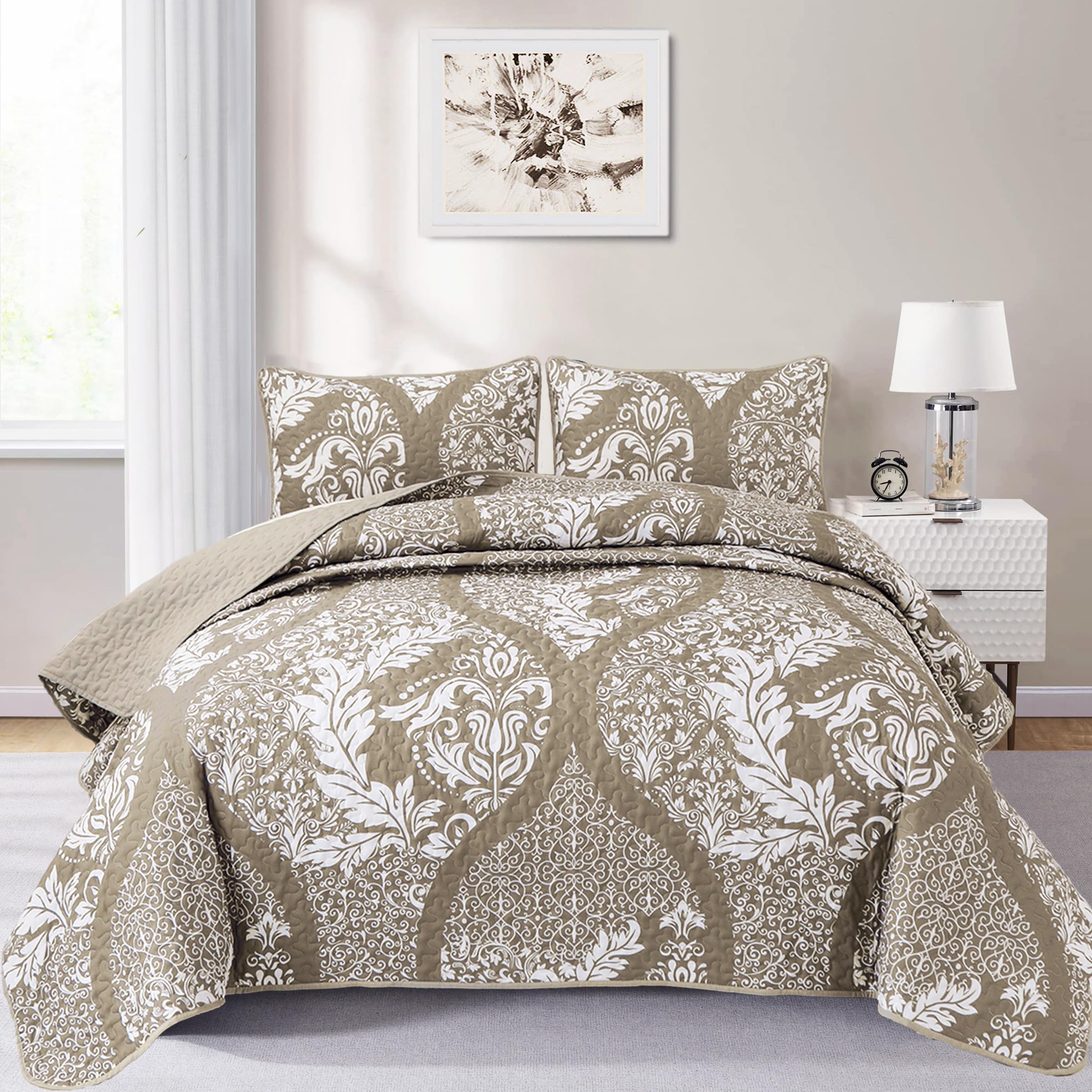 Beige Quilt Set King Size, Boho Damask Tan Bedspread Coverlet Set Soft Lightweight Microfiber Luxury Bedding Set 3 Pieces For Al