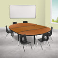Flash Furniture 86 Oval Wave Collaborative Laminate Activity Table Set with 12 Student Stack Chairs, Oak/Black