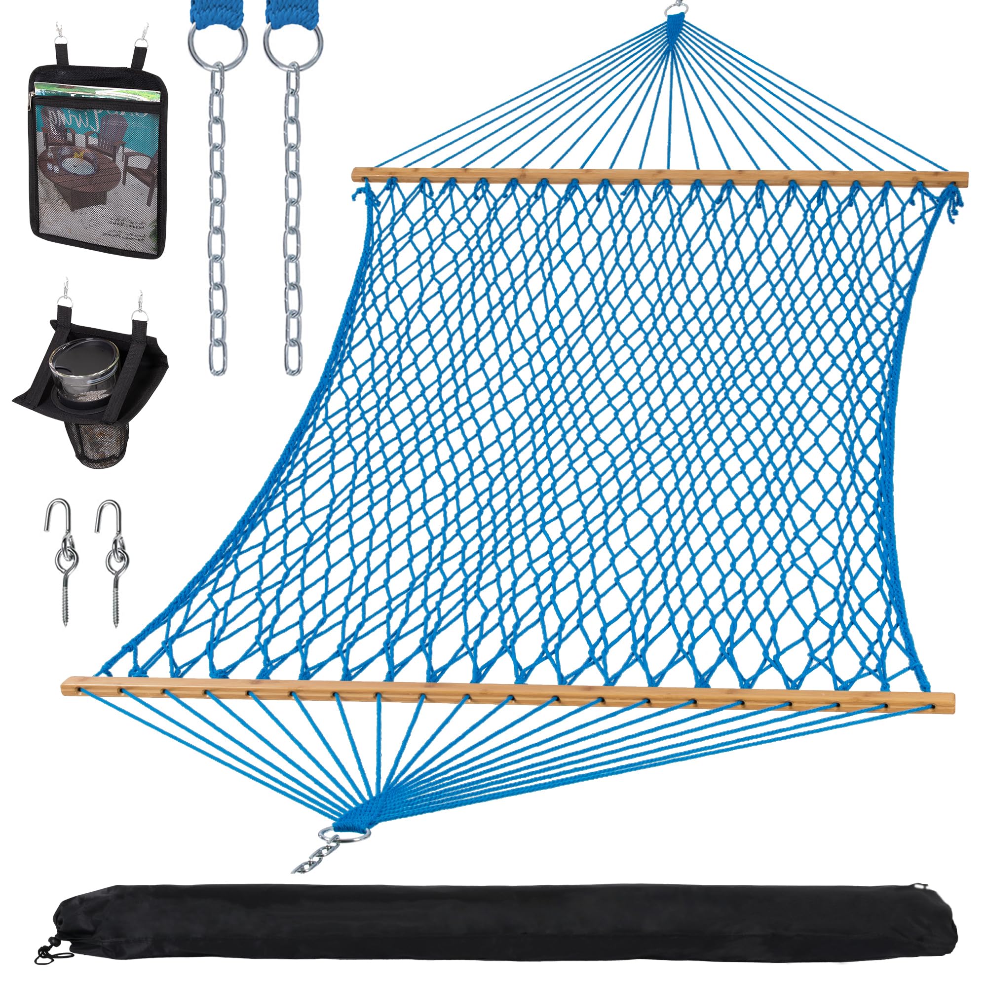 Suncreat Polyester Rope Hammock With Bamboo Spreader Bar, Carrying Bag, 450 Lbs Capacity, Two Person Hammock With Tree Hooks, Bl