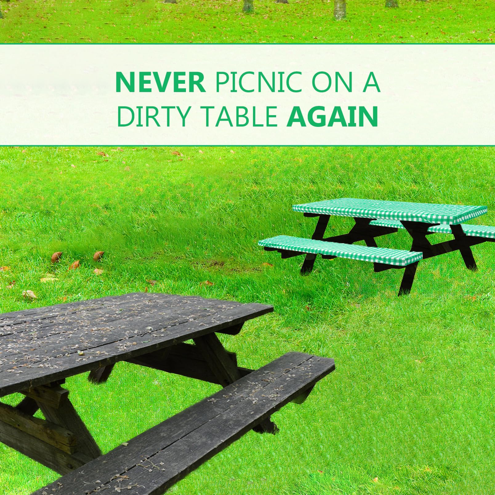 Linpro 8Ft Vinyl Fitted Picnic Table Cover With Bench Covers. Outdoor Checkered Picnic Tablecloth For Camper And Rv Accessories. 3 Piece Set Camping Essentials. Waterproof, With Elastic Edges. 96'