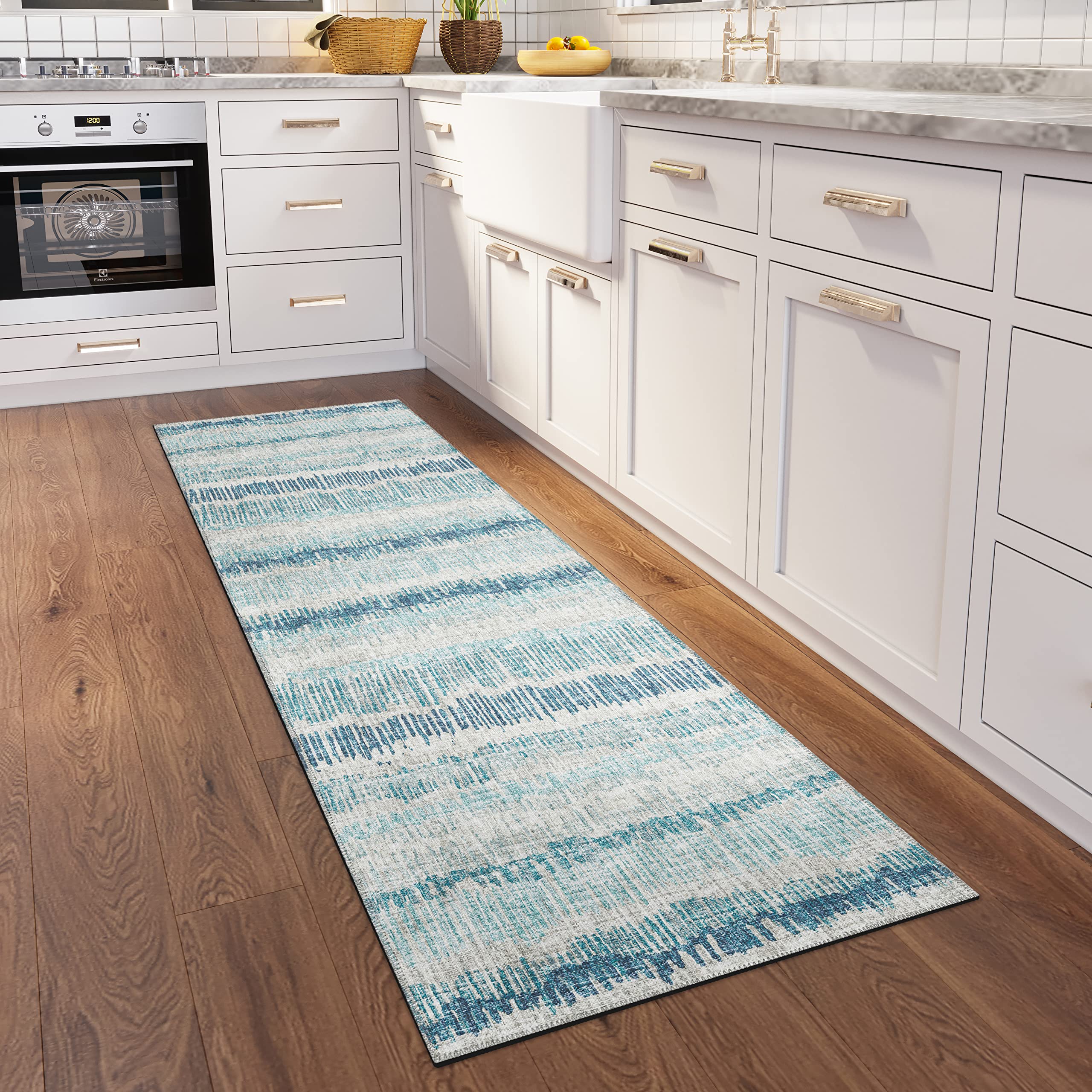 Addison Rugs Rylee Ary34 Blue Washable 2'3" X 7'6" Indoor Outdoor Runner Rug, Easy Clean, Machine Washable, Non Shedding, Bedroom, Entry, Living Room, Dining Room, Kitchen, Patio Rug