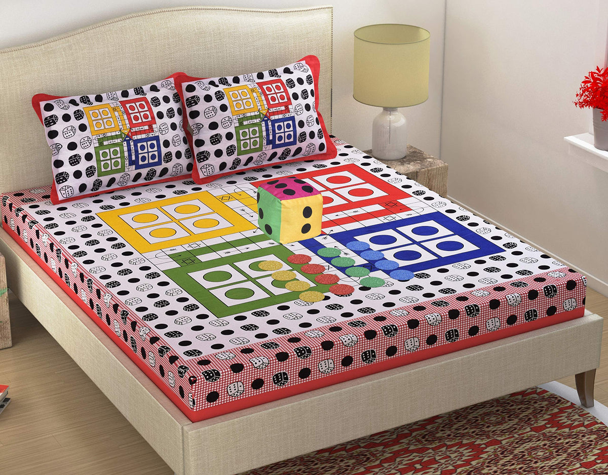 Fabture Ludo Print 180 TC Cotton Double Bedsheet with 2 Pillow Covers, Dice and 16 Tokens Multicolor (Bedsheet for Kids)
