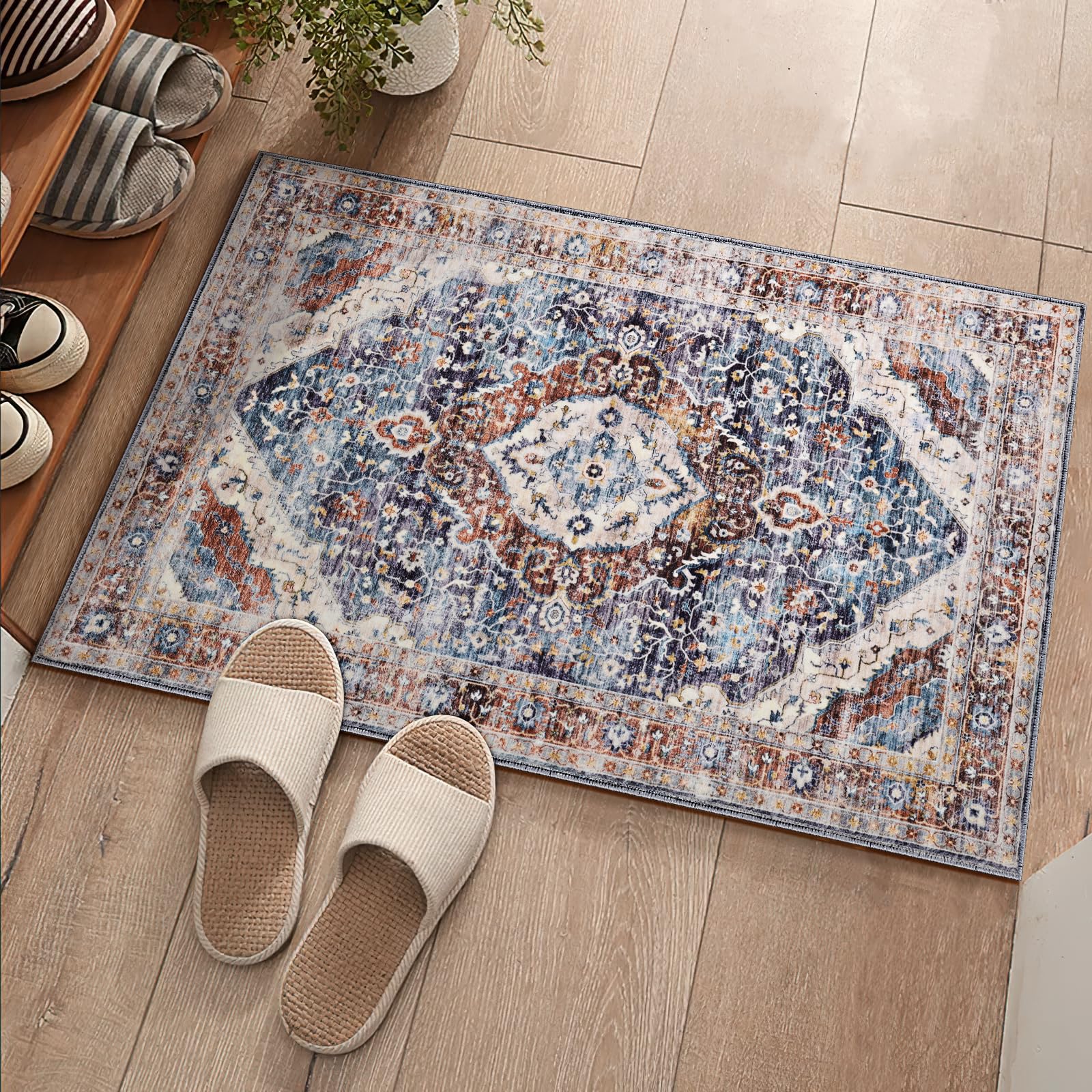 Deerly 2x3 Washable Boho Rug Small Area Rugs for Entryway Bedroom Bathroom Kitchen Lliving Room, Soft Flower Rugs Low Pile Non-S
