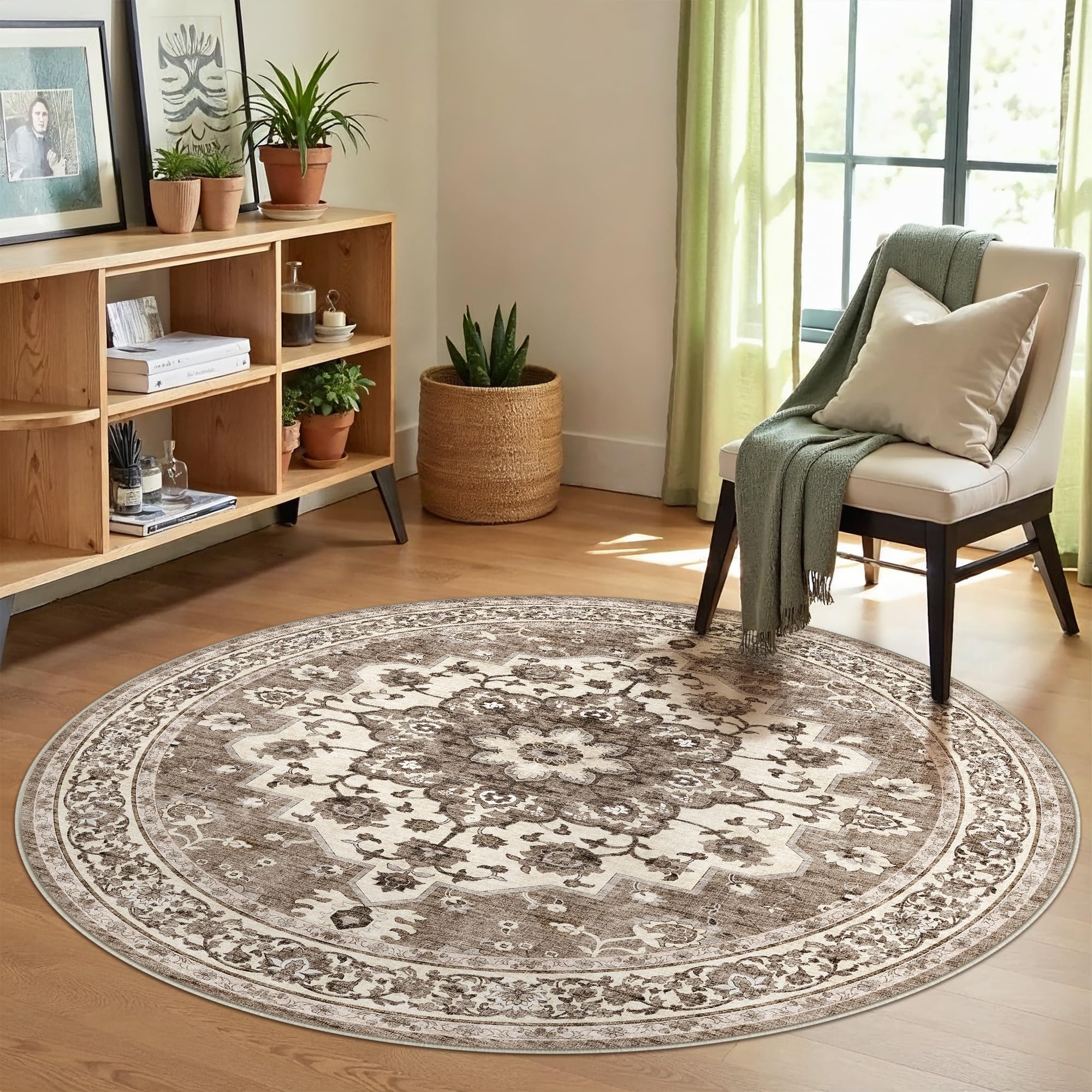 TOPRUUG Washable Oriental Area Rug - 5ft Round Rugs for Living Room Soft Carpet for Bedroom Waterproof Floral Distressed Indoor 