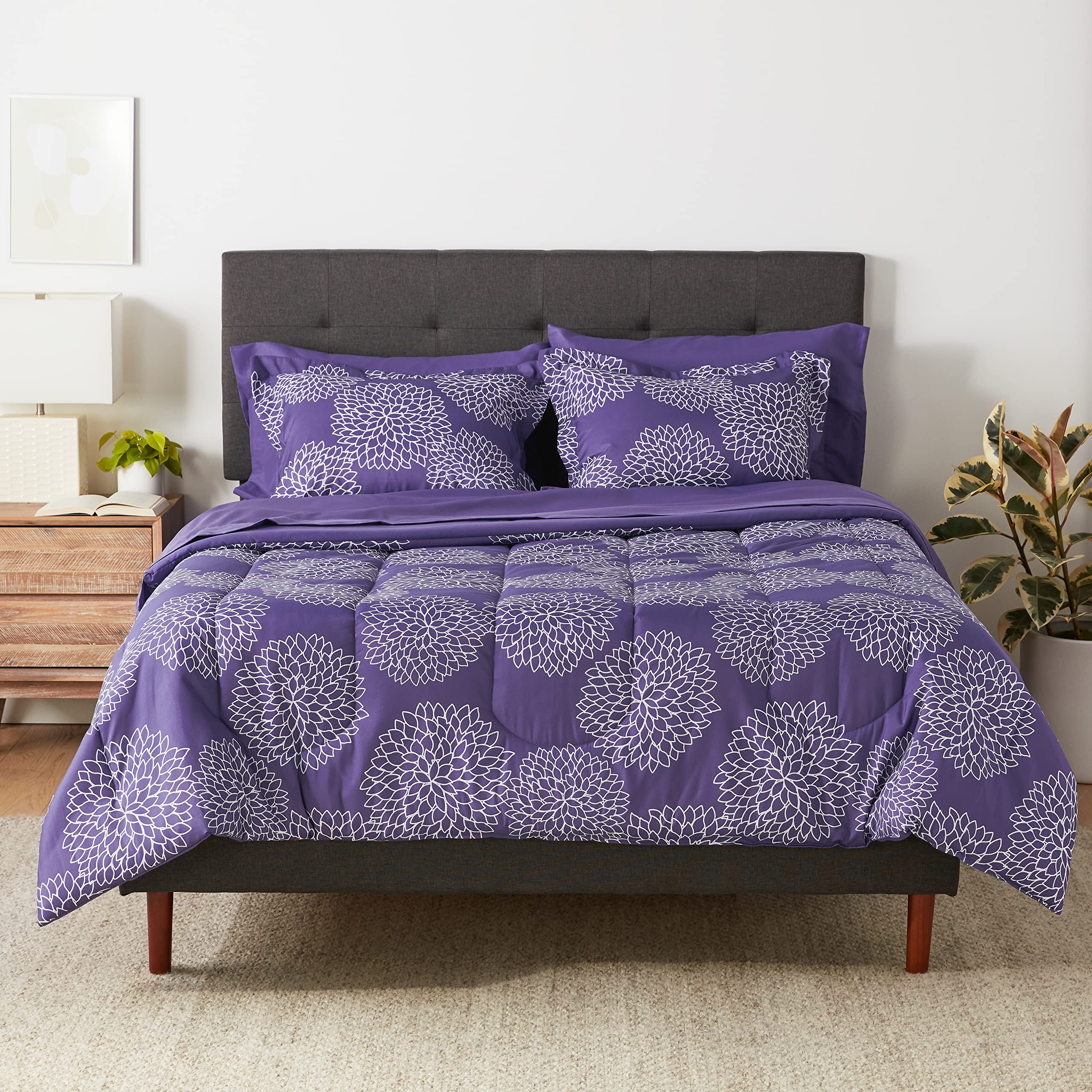 Amazon Basics Full/Queen Comforter Set with Sheets, 5-Piece Purple Floral Bedding, Lightweight Microfiber Bed-in-a-Bag