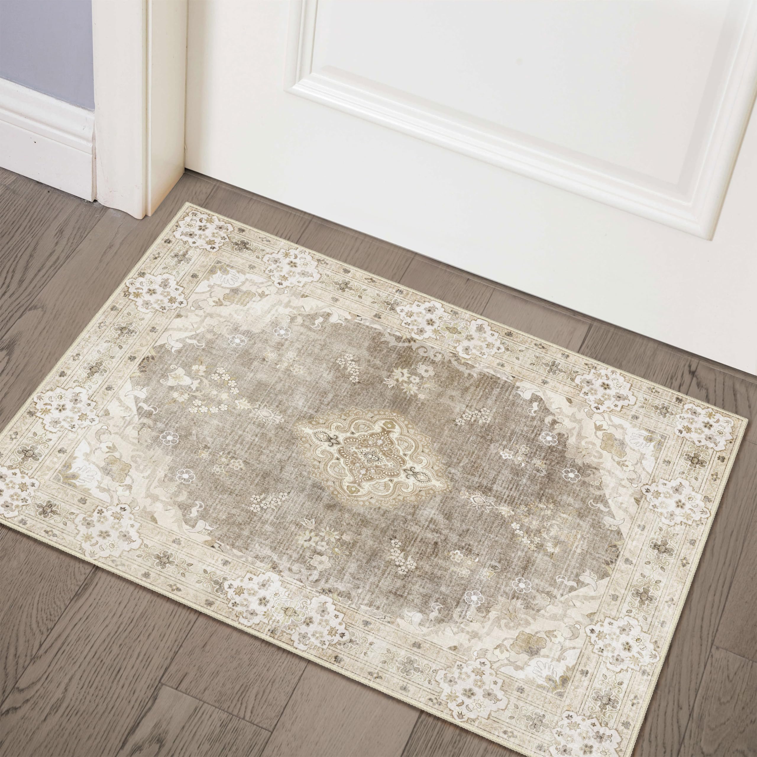 MUJOO Beige Rug 2x3,Small Washable Area Rugs for Entryway Kitchen Bathroom Bedroom,Boho Vintage Bohemian Distressed Farmhouse 