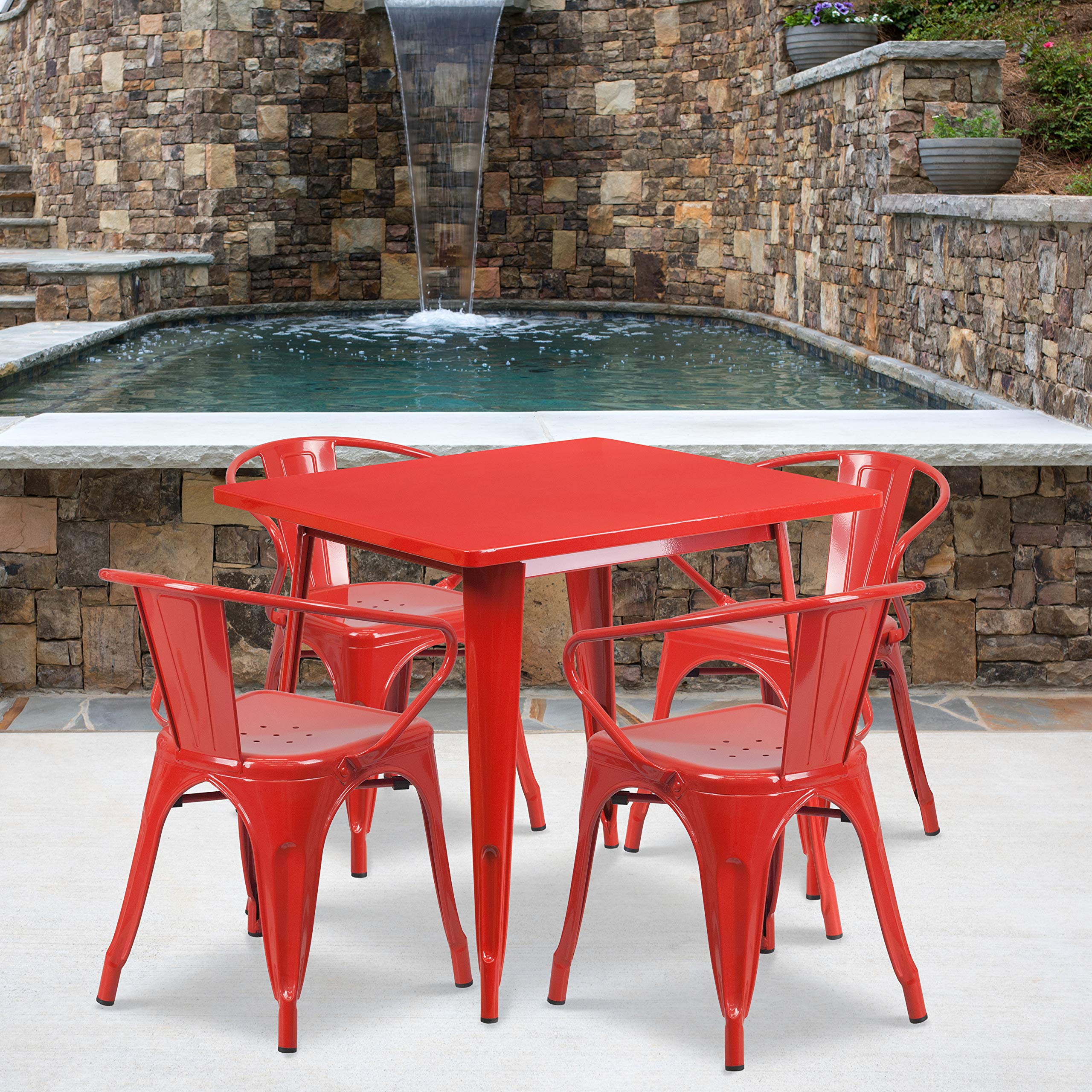 Flash Furniture Commercial Grade 31.5" Square Red Metal Indoor-Outdoor Table Set with 4 Arm Chairs