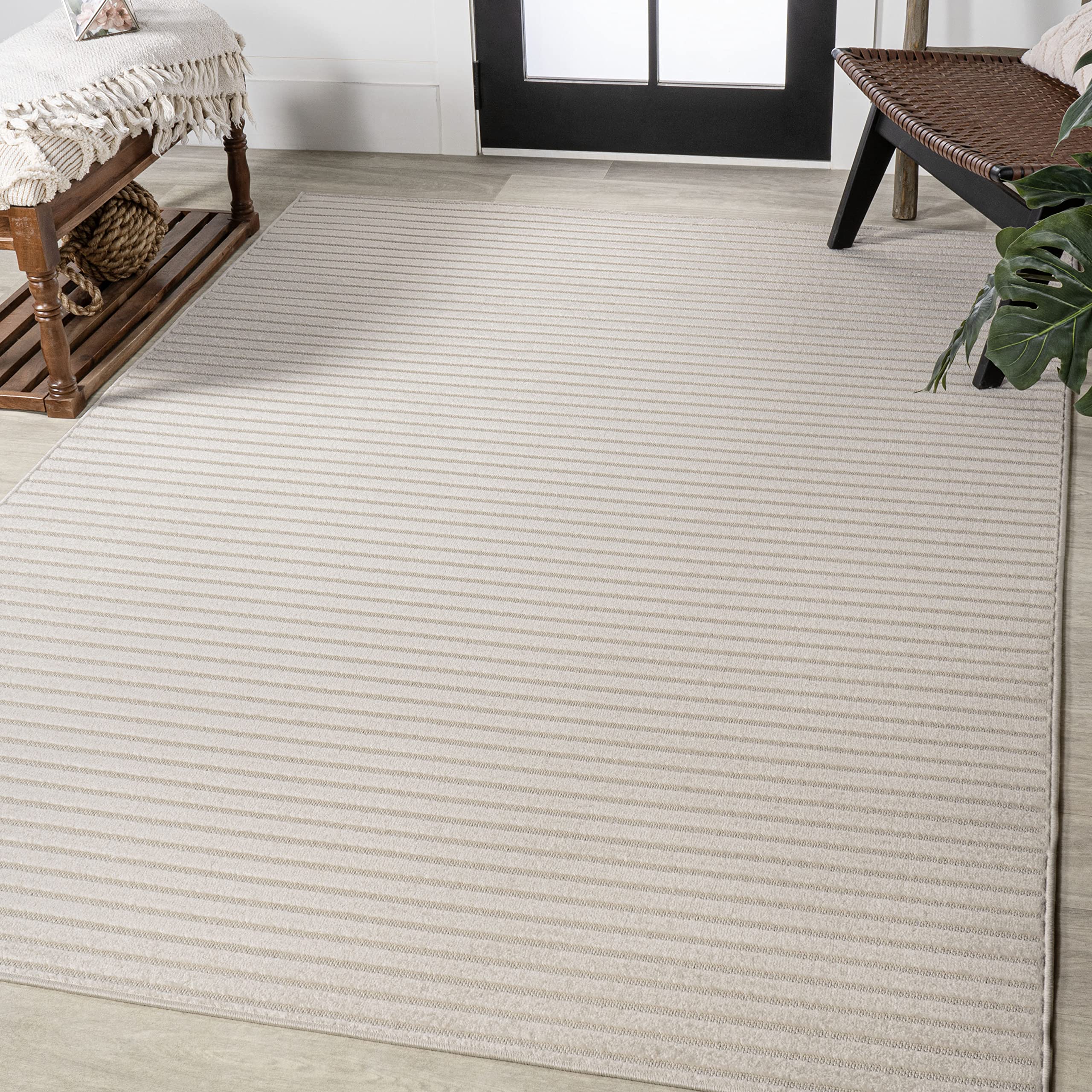 JONATHAN Y SCN102B-15 Aarhus High-Low Minimalist Scandi Striped Ivory/Cream 12 ft. x 15 ft. Indoor/Outdoor Area Rug, Pet Friendl