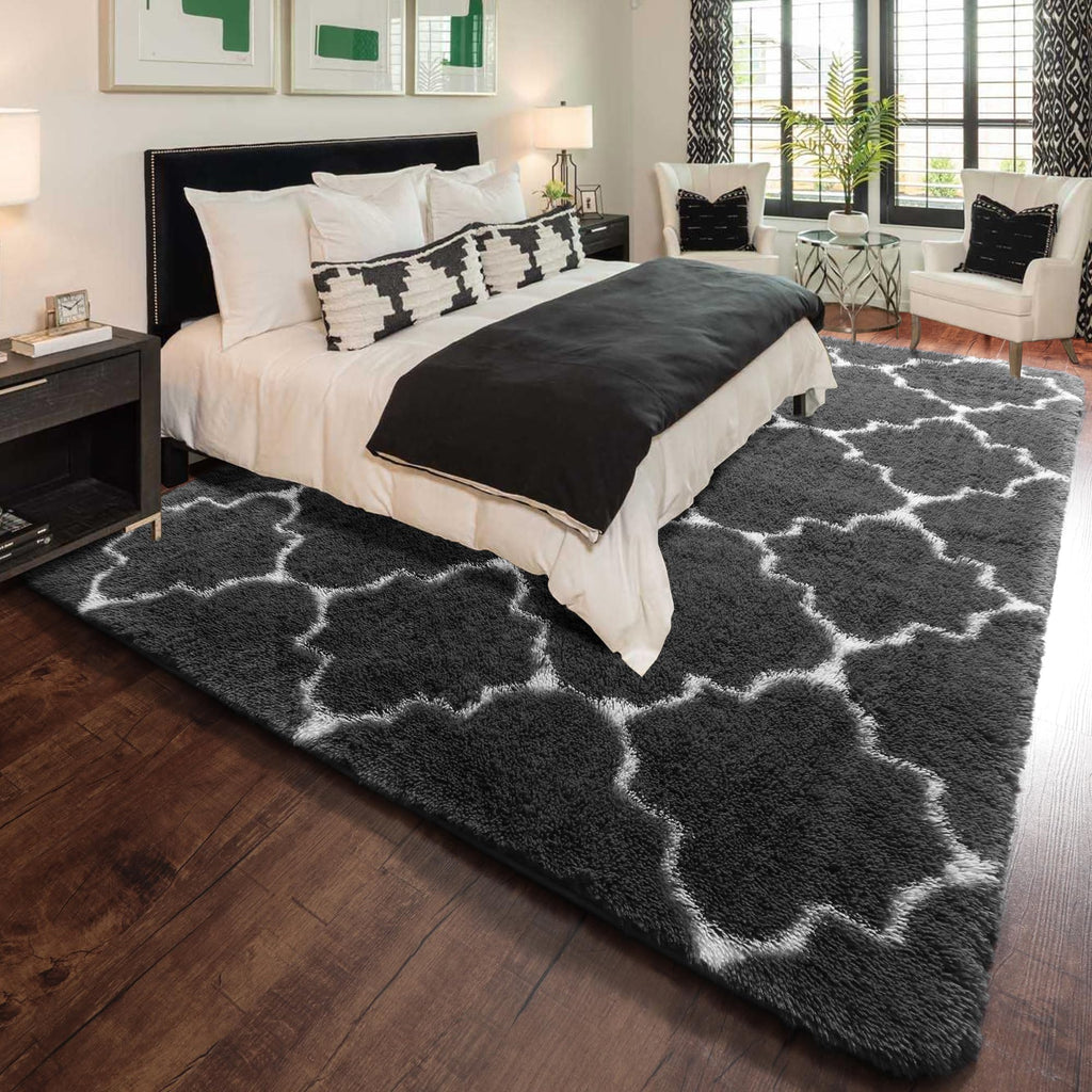 Amdrebio Dark Grey And White Rugs For Bedroom Fluffy, 5X7 Rug, Modern Fuzzy Area Rug For Living Room, Plush Shaggy Floor Rug For