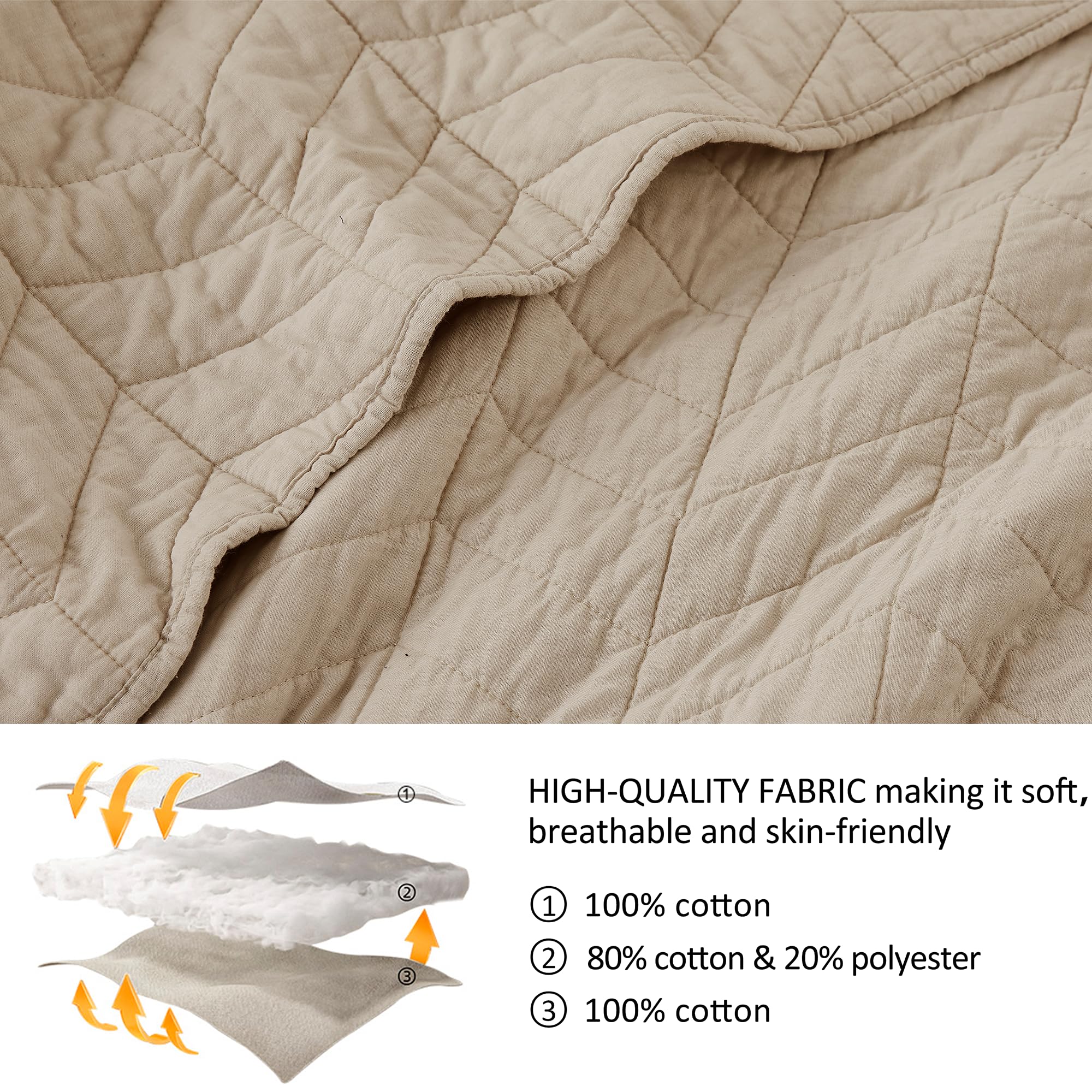 Palassio Dark Beige 100% Cotton Quilt King Size Bedding Sets With Pillow Shams, Lightweight Soft Bedspread Coverlet, Quilted Com