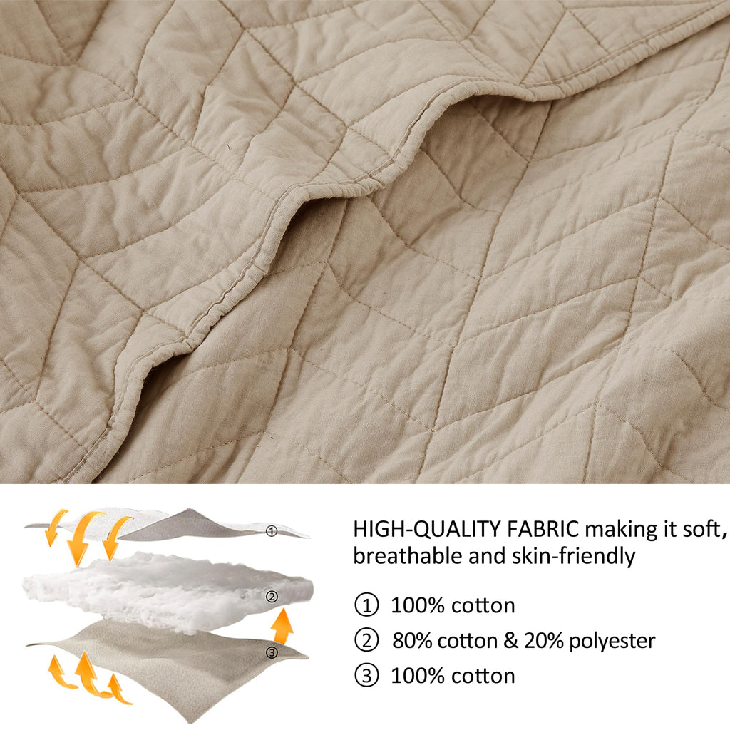 Palassio Dark Beige 100% Cotton Quilt Queen Size Bedding Sets With Pillow Shams, Lightweight Soft Bedspread Coverlet, Quilted Co