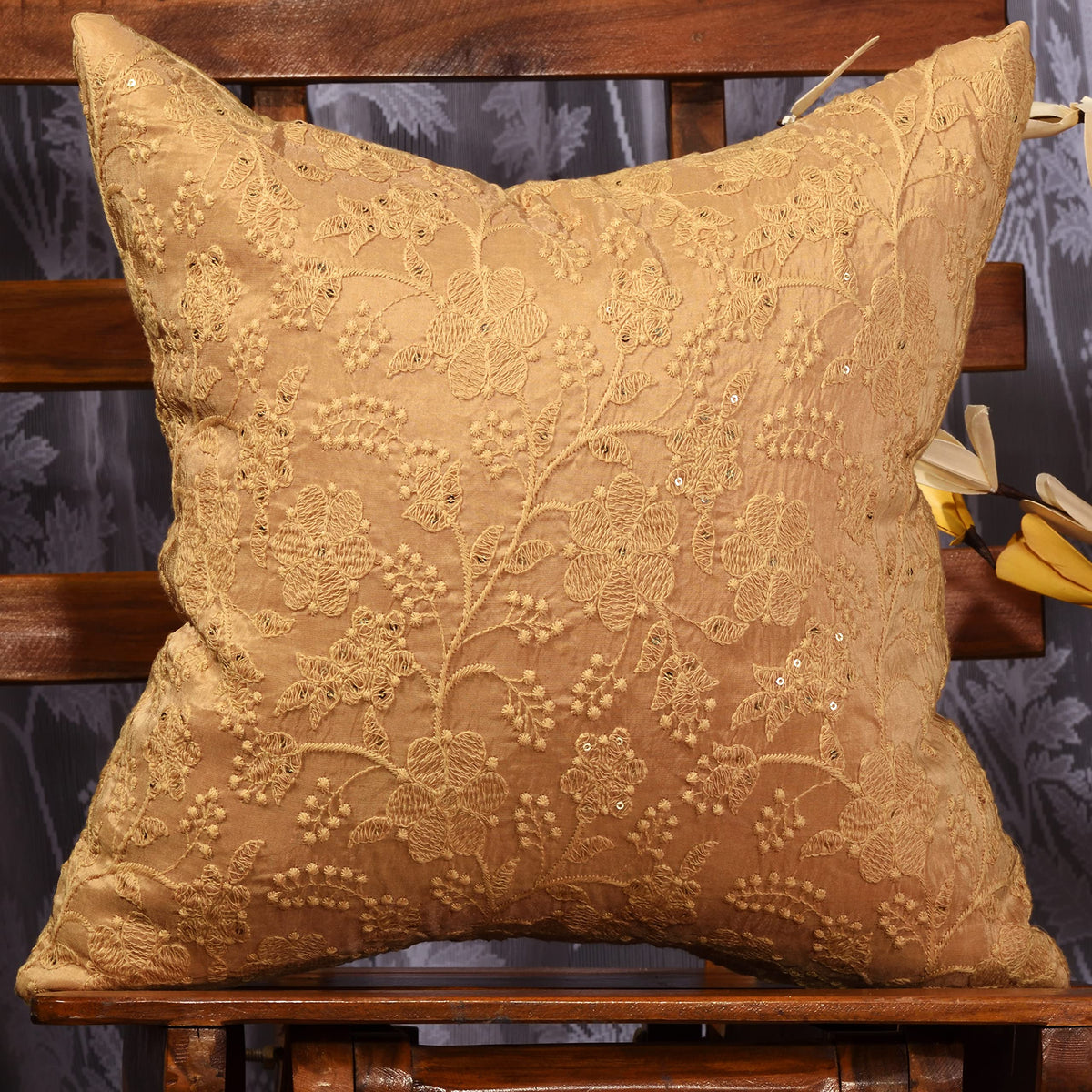 Scarlett Linens Embroidered Cushion Covers 18X18 Inches Set Of 2, Decorative Sofa Pillow Cover, Silk Pillowcases For Living Room