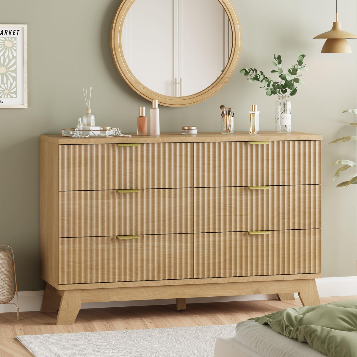 Fluted Dresser for Bedroom with 6 Drawers, 48 Wide Modern Chest of Drawers with Metal Handle, Wooden Dresser TV Stand, Wood Clos