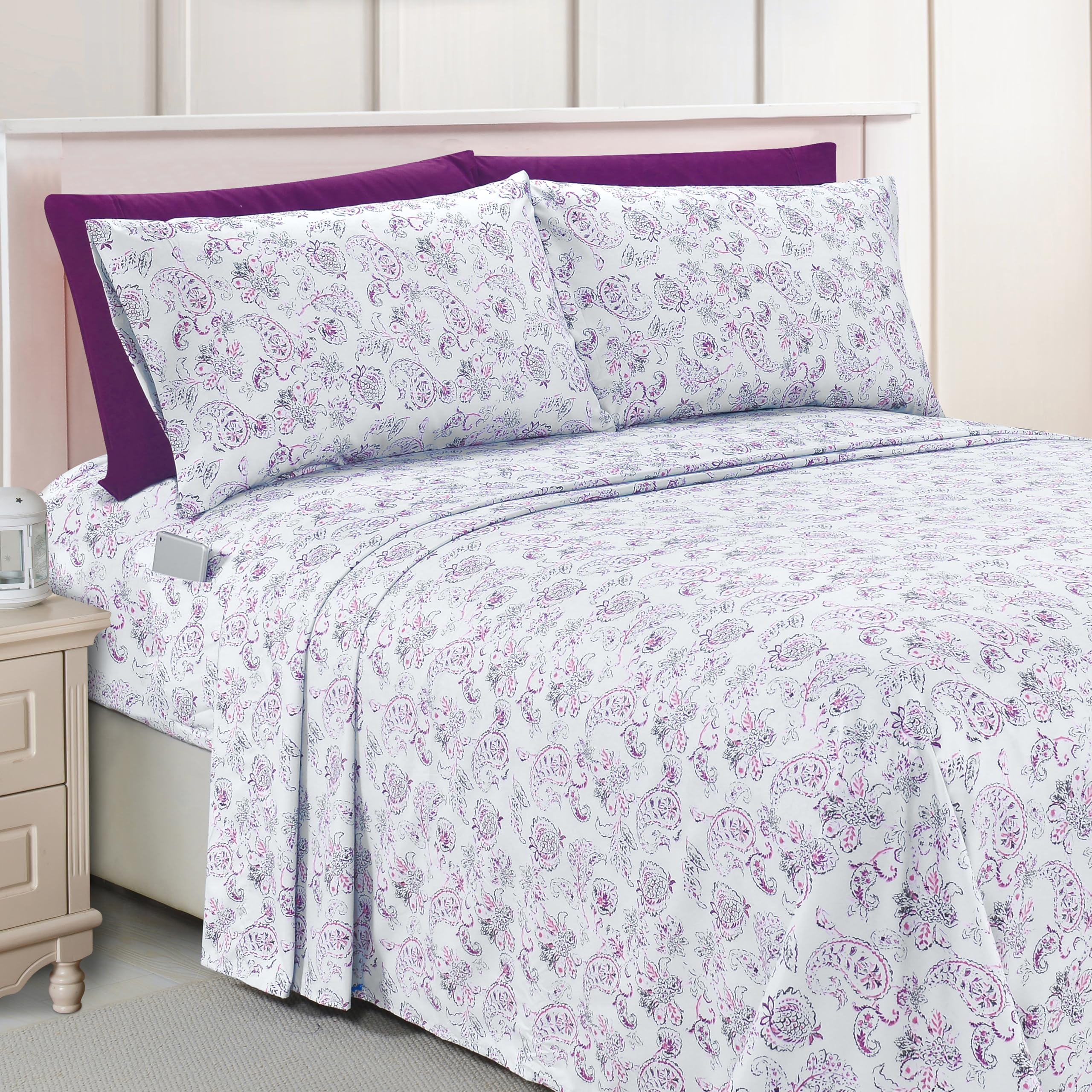 Elegant Comfort Luxury Soft Bed Sheets Paisley Pattern - 1500 Premium Hotel Quality Microfiber Softness Wrinkle And Fade Resistant (6-Piece) Bedding Set, King, Paisley Purple