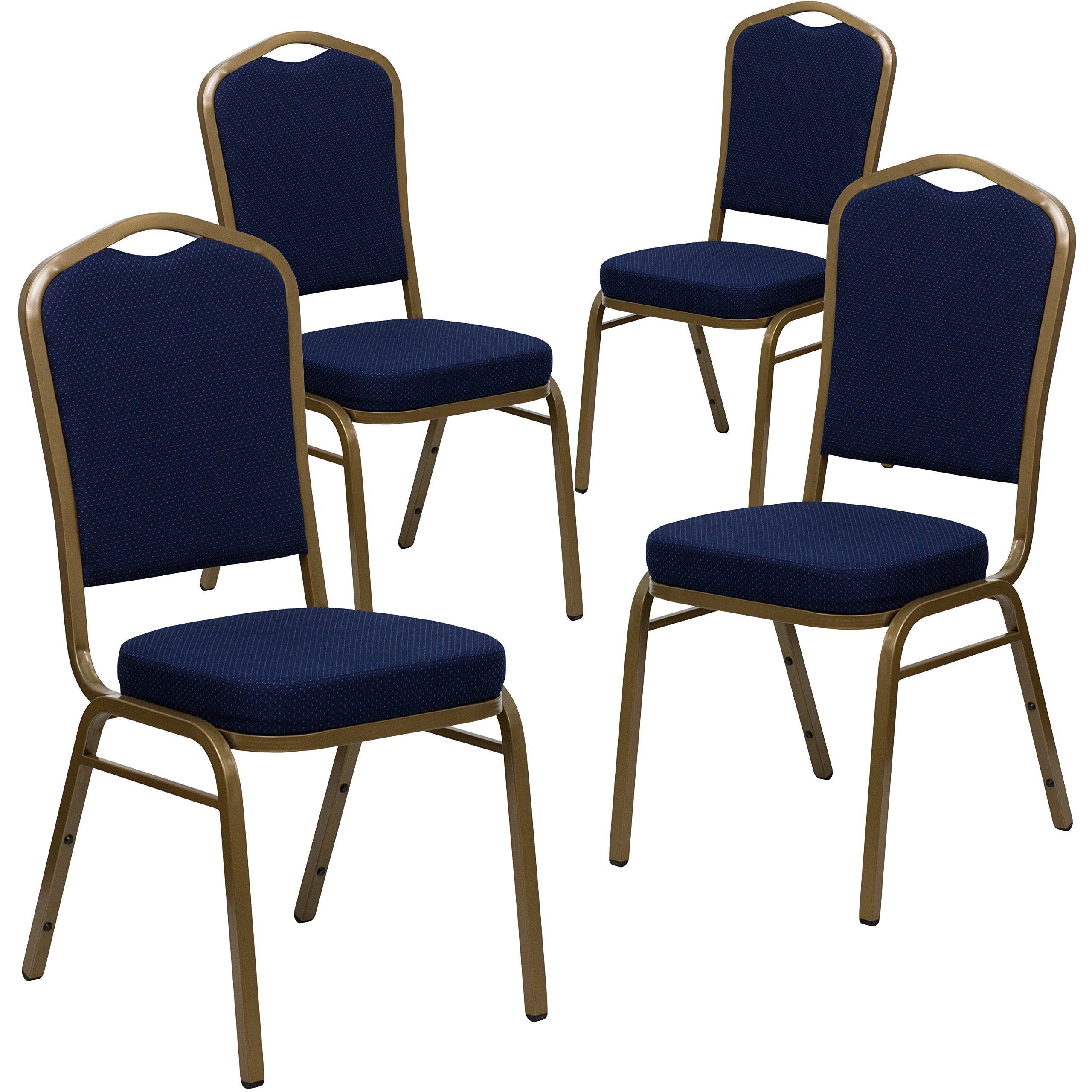 4 Pk. Stacking Chair with Navy Blue Patterned Fabric - Gold Frame