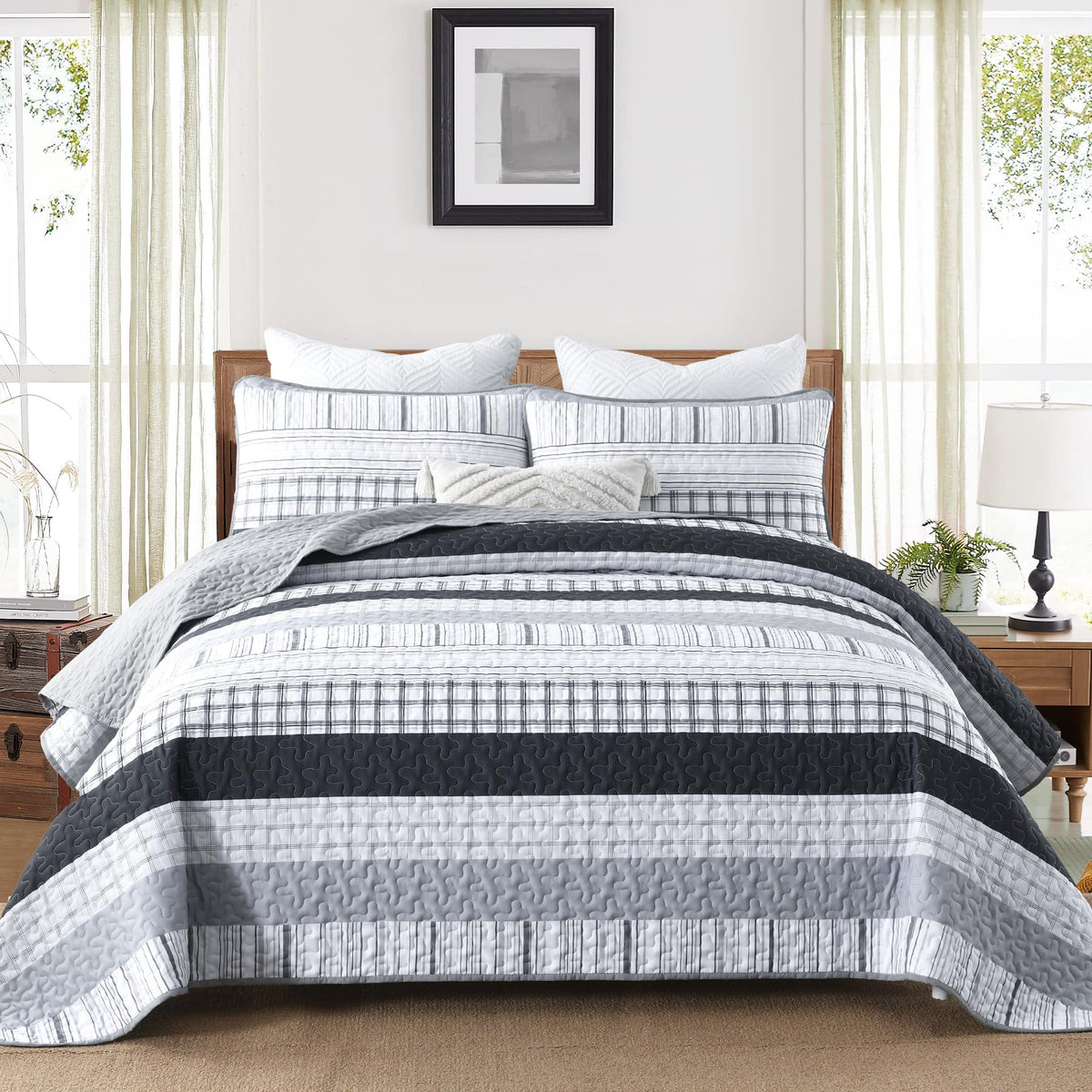 Djy Grey Quilt Set King Size, Boho Grey Striped Bedspread Coverlet Set Soft Microfiber Stripe Patchwork Quilt Bedding Set 3 Piec