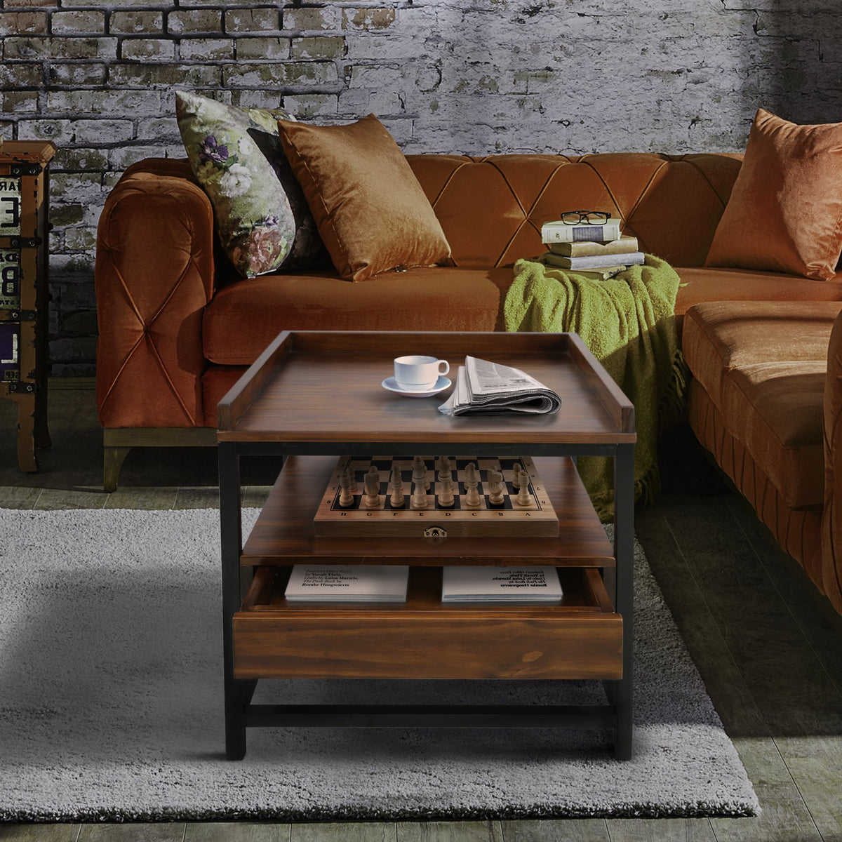 Casual Home Horizon End Table With Drawer, Mocha, Black