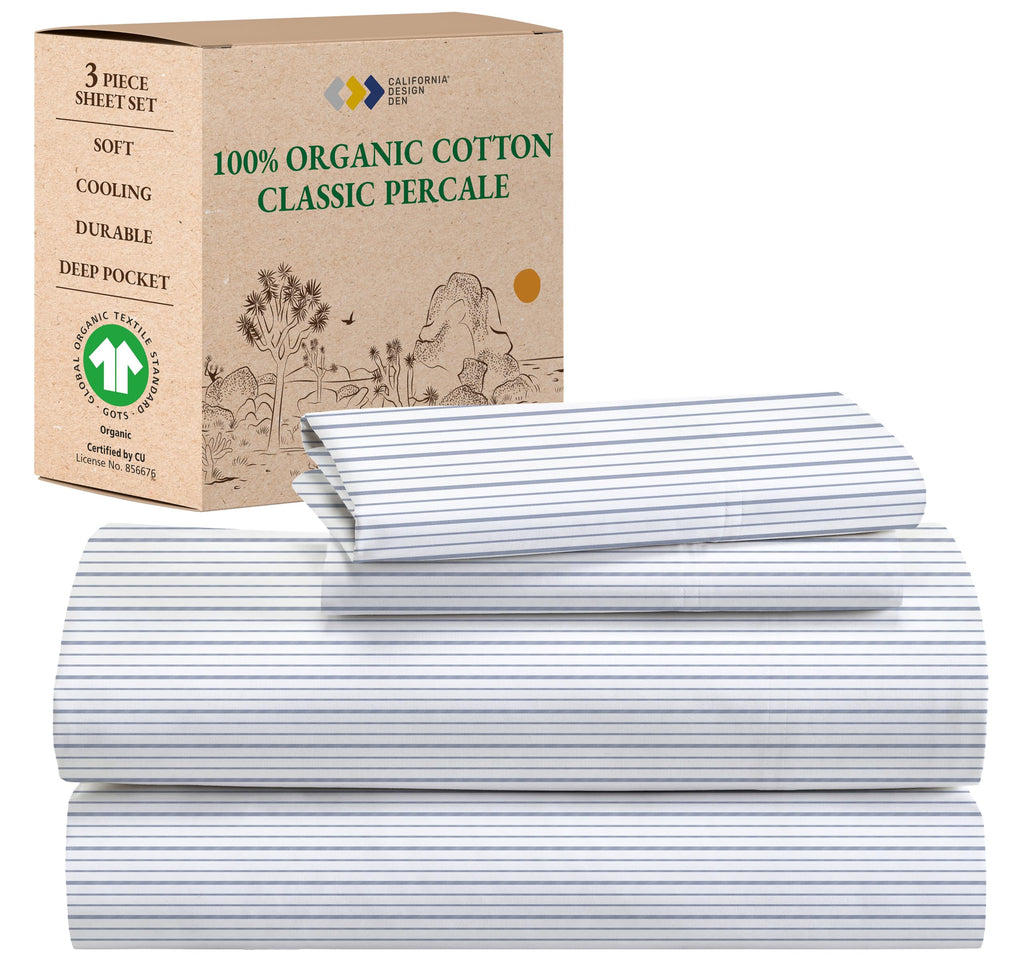 California Design Den Blue Stripe Sheets, 100% Organic Cotton Percale Sheets, Deep Pocket Twin Xl Sheets & Pillowcase Set - Blue Stripe