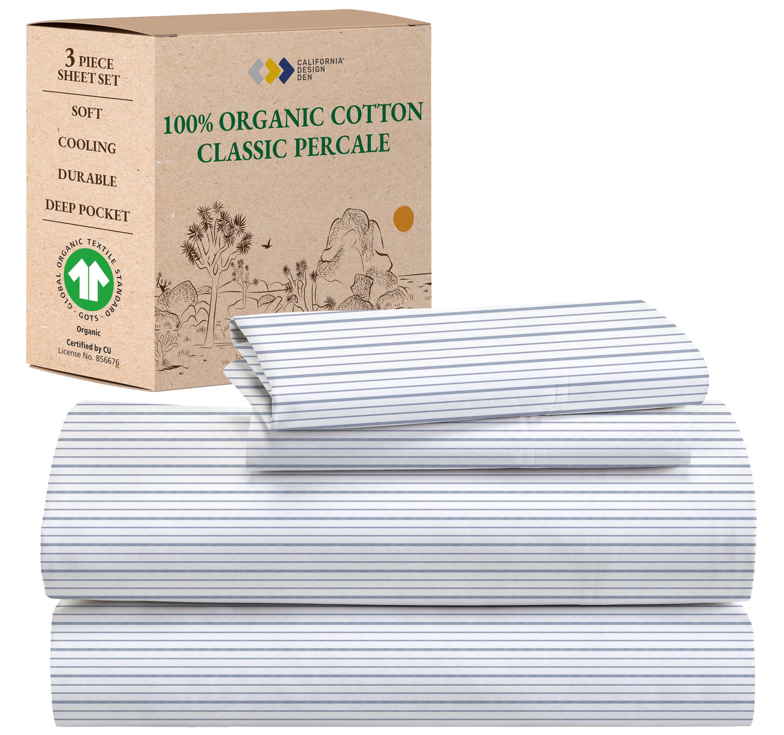California Design Den Blue Stripe Sheets, 100% Organic Cotton Percale Sheets, Deep Pocket Twin Xl Sheets & Pillowcase Set - Blue Stripe