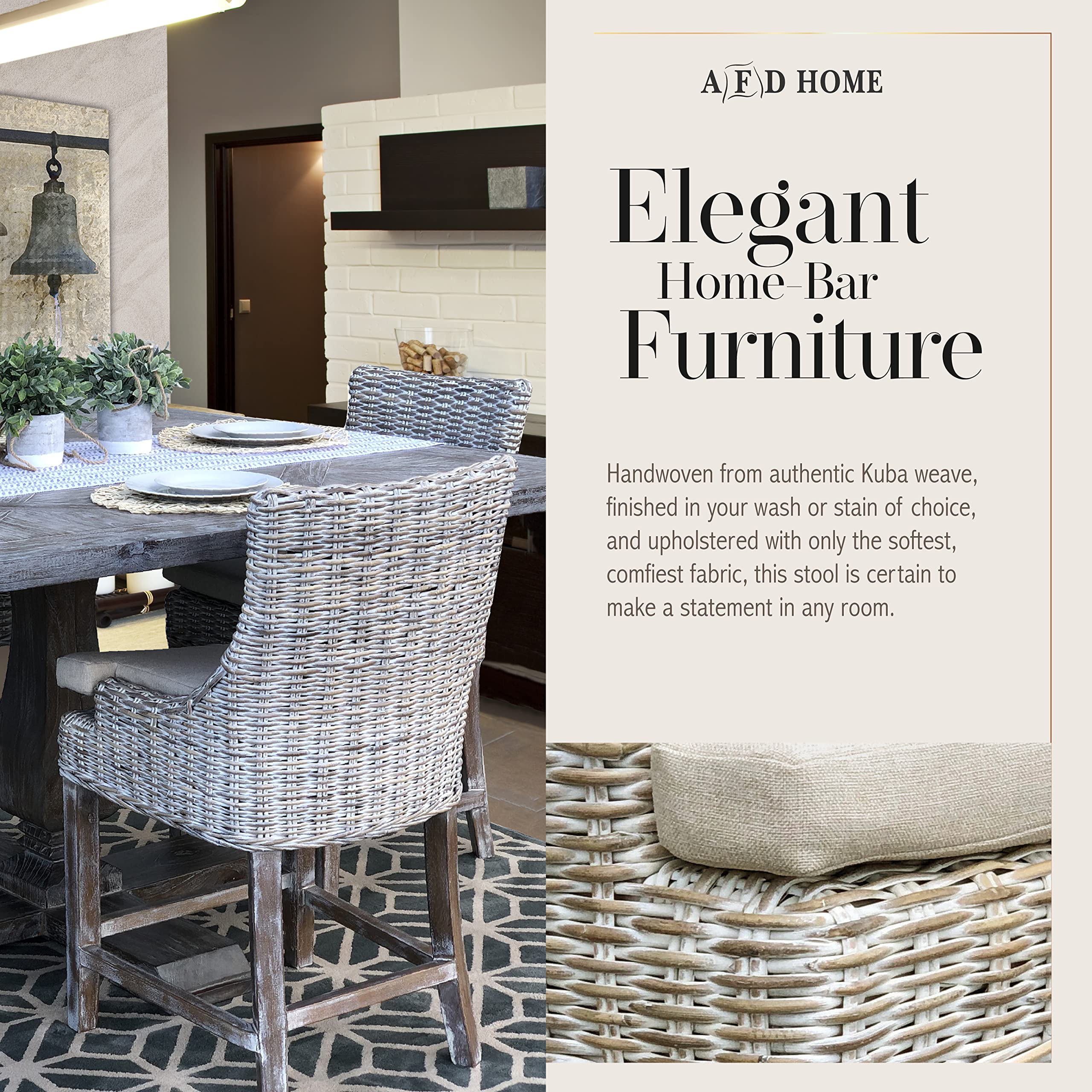 AFD Home Alfresco Kuba-Weave Counter Stool, Wooden, Off White, 23 Inch Seat Height