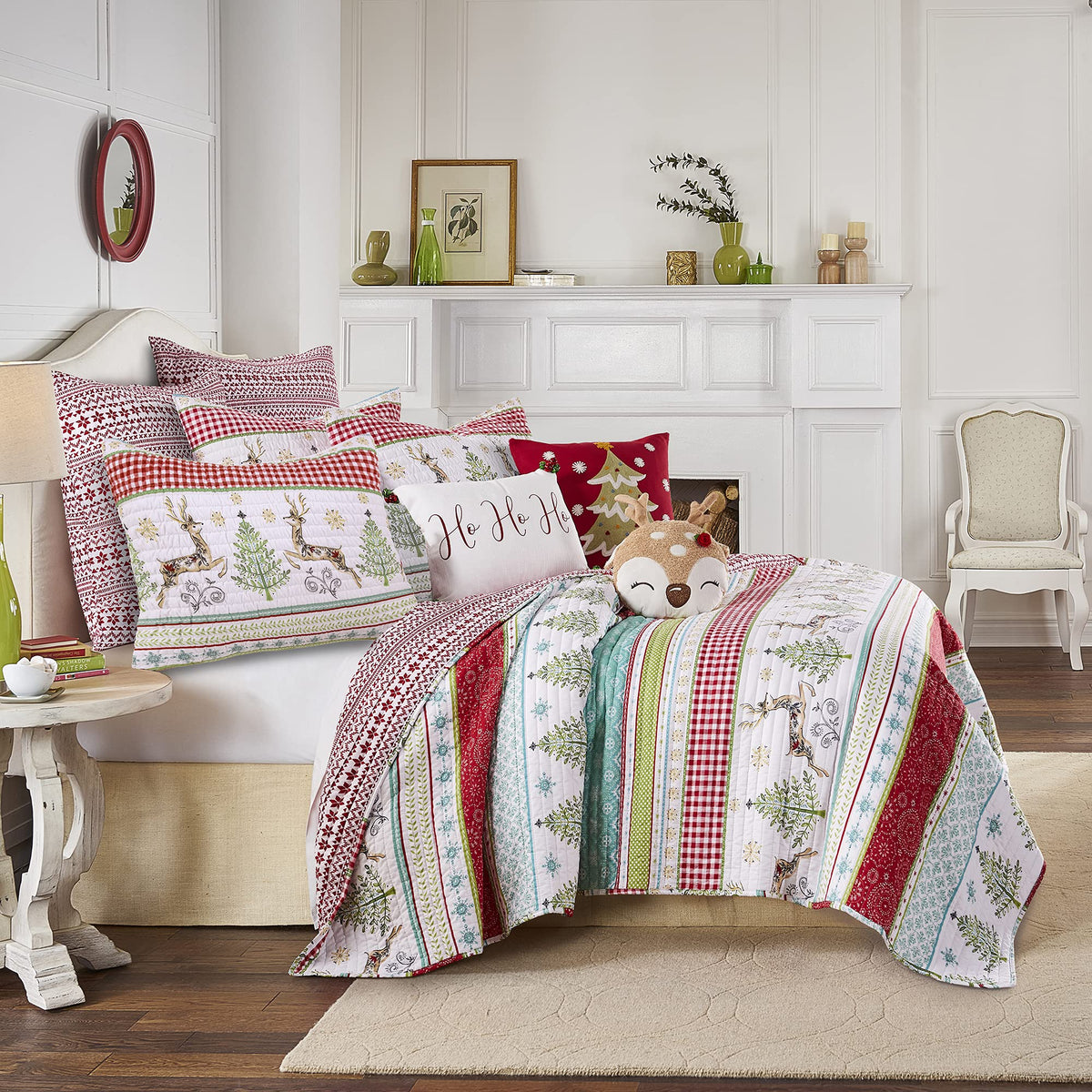Levtex Home Merry & Bright Collecion - Comet And Cupid Quilt - King - Holiday Deer And Christmas Trees - Red Green White Teal -