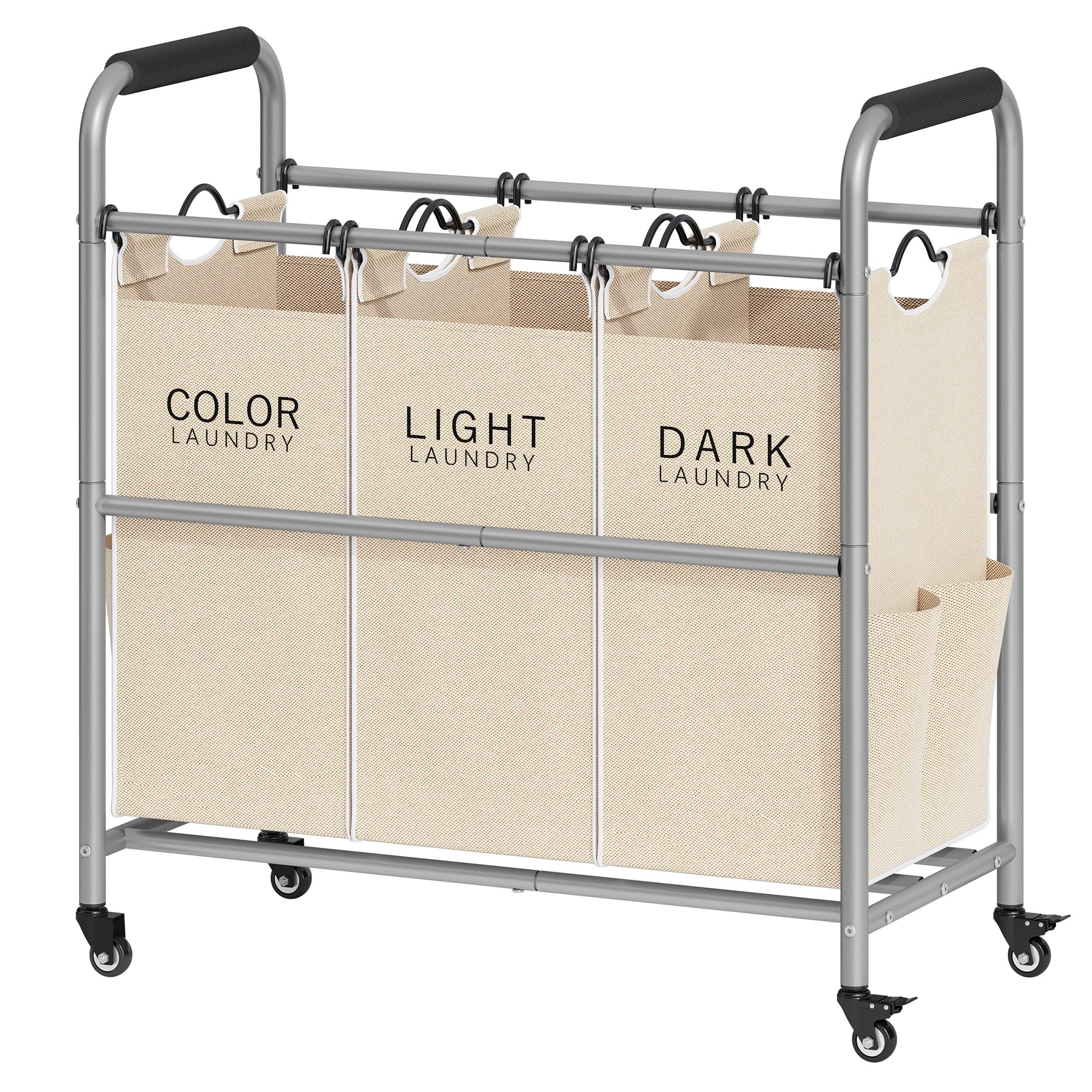 Tajsoon 3 Bag Laundry Sorter Cart, Laundry Hamper Sorter Basket with Heavy Duty Lockable Rolling Wheels for Clothes Storage, Bei