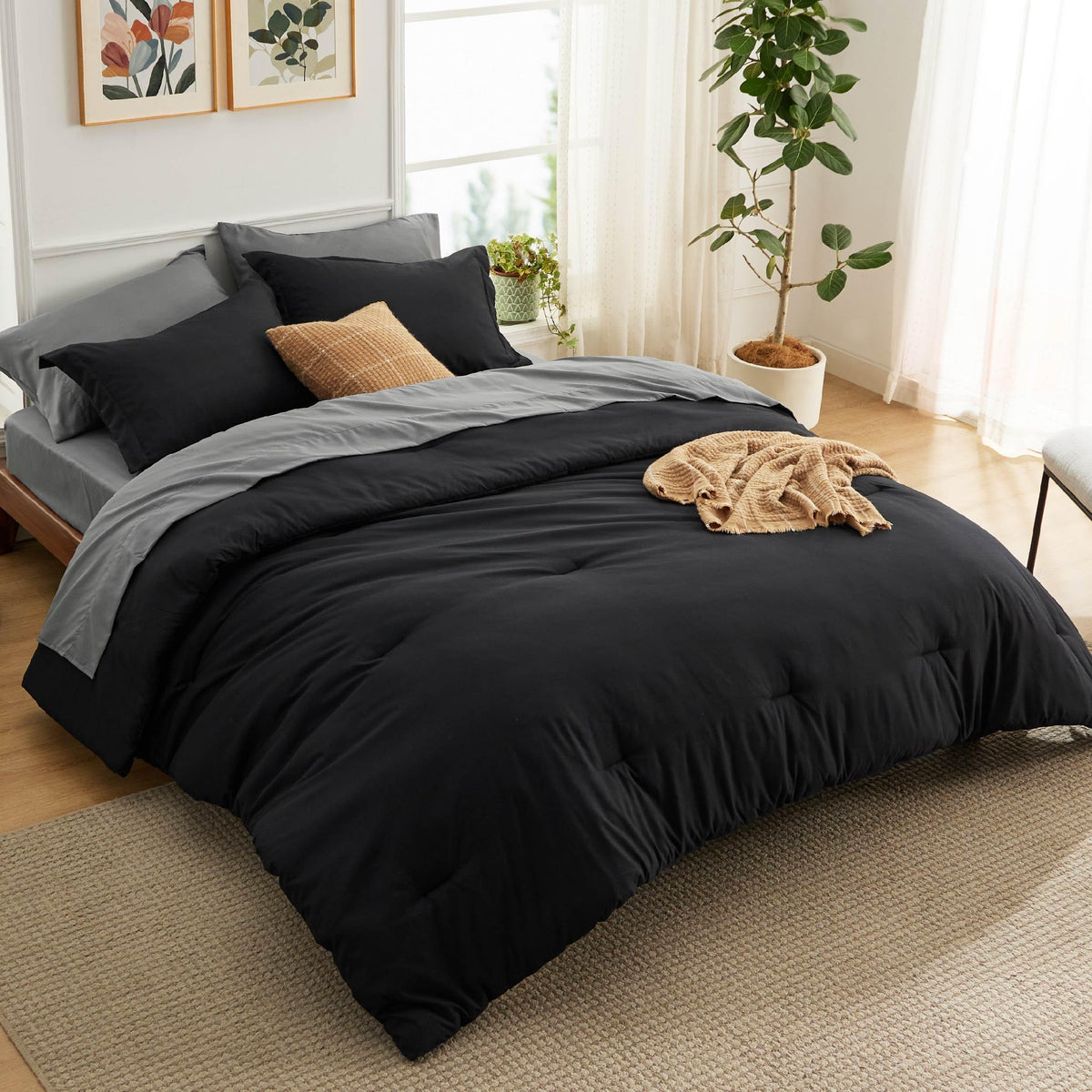Bedsure Black And Grey Twin Comforter Set Black And Grey And Grey, 5 Pieces Lightweight Twin Bedding Sets Boho, Bed In A Bag With Comforter, Sheets, Pillowcase & Sham