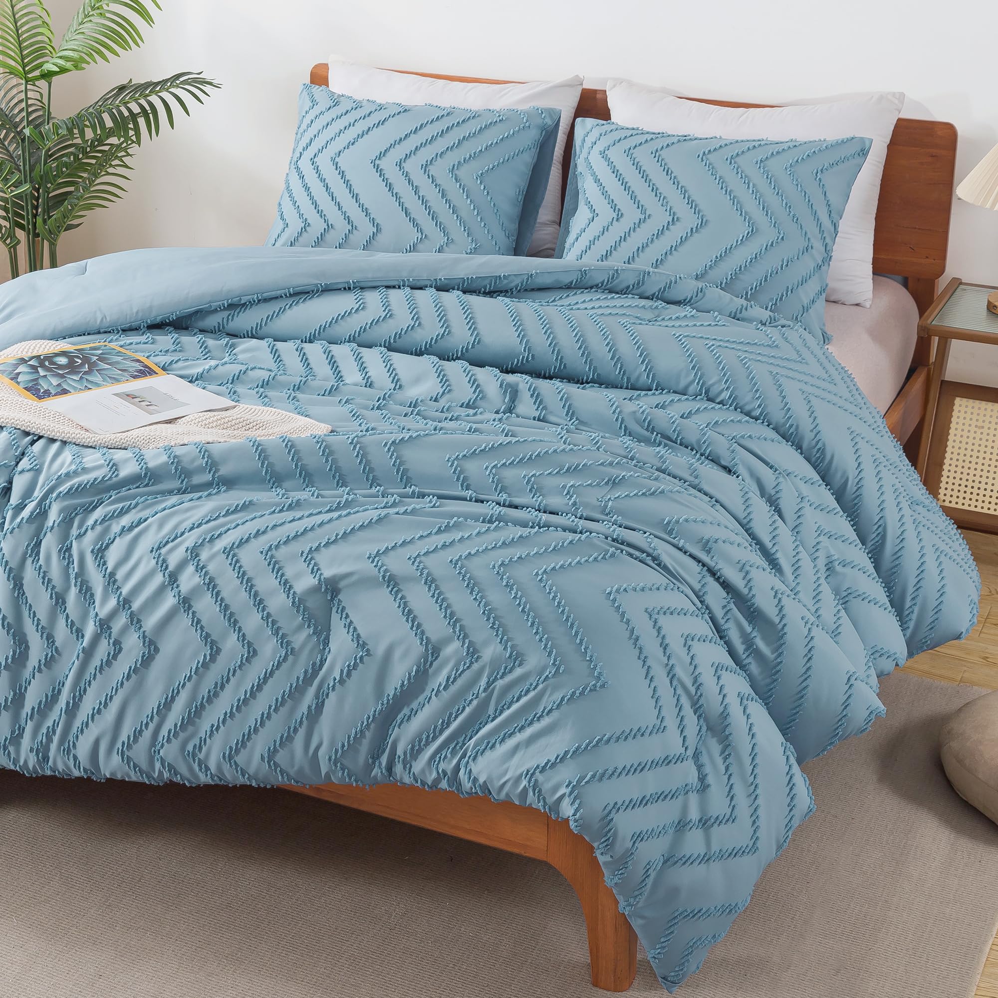 Andency Greyish Blue Comforter Set King Size, Boho Soft Warm Tufted Bedding Comforter Sets For King Size Bed, 3 Pieces Aesthetic