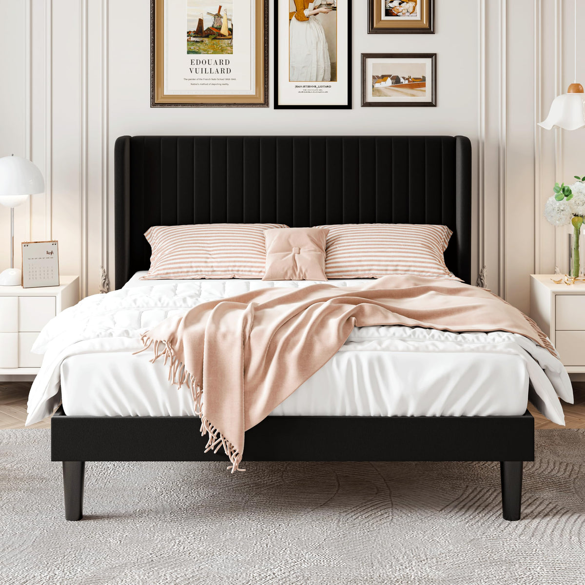 Sha Cerlin Queen Size Velvet Bed Frame With Vertical Channel Tufted Wingback Headboard, Upholstered Platform Bed With Wood Slats, No Box Spring Needed, Easy Assembly, Black