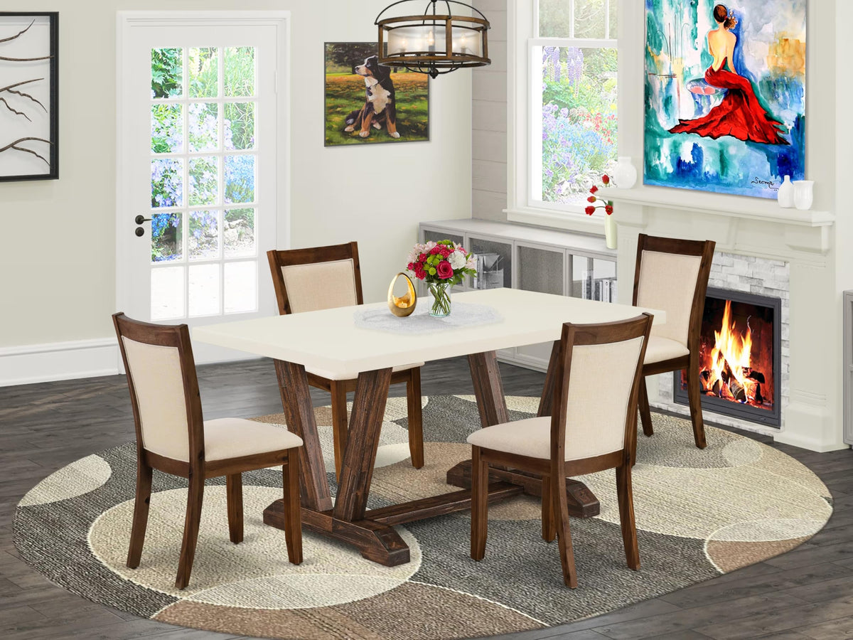 East West Furniture V726Mzn32-5 5 Piece Dining Table Set Includes A Rectangle Kitchen Table With V-Legs And 4 Light Beige Linen Fabric Parson Dining Room Chairs, 36X60 Inch, Multi-Color